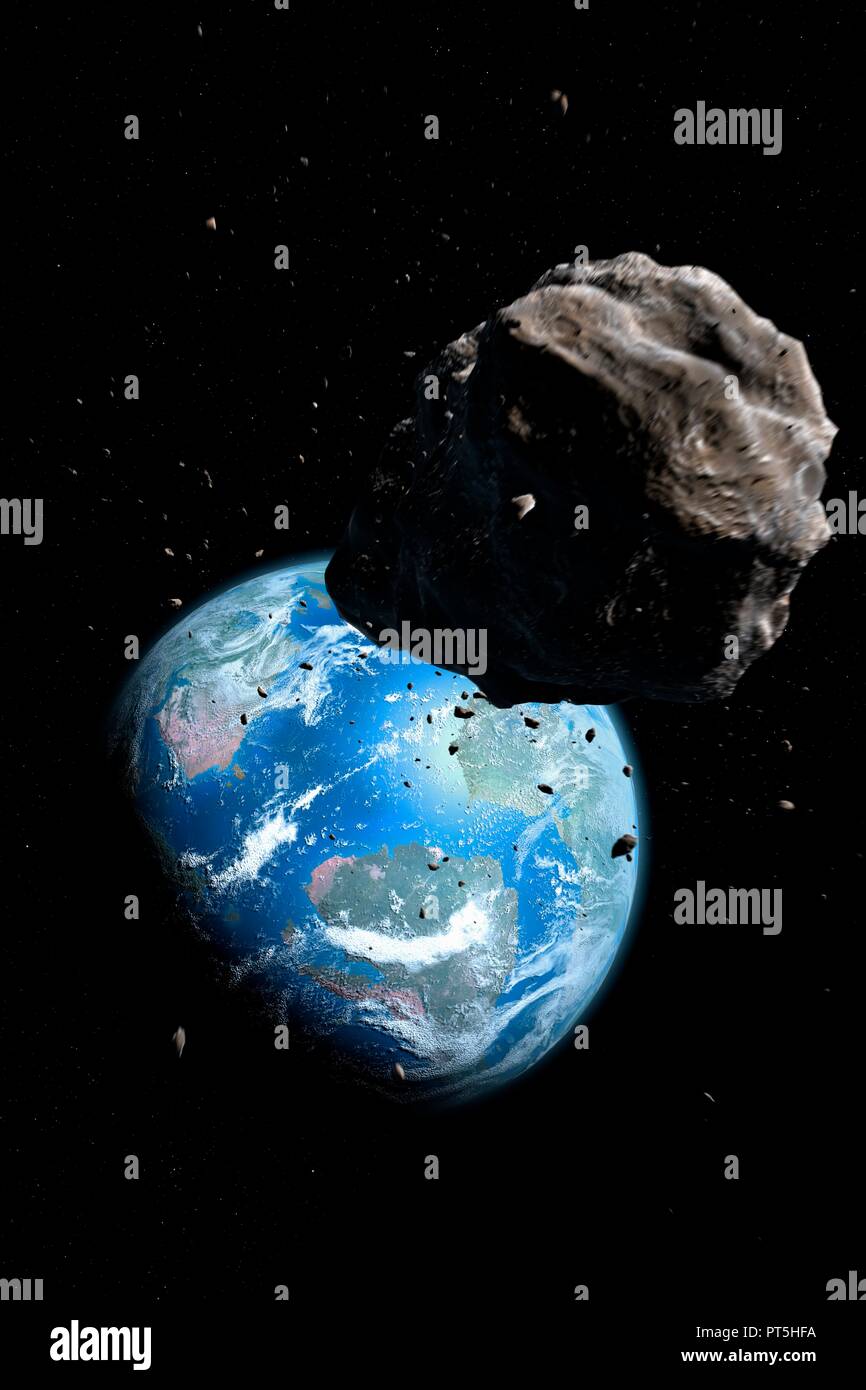 Illustrazione di un asteroide in avvicinamento al Cretaceo terra, pronta a  sterminare i dinosauri. Near-Earth asteroidi sono una costante minaccia per  il nostro pianeta Foto stock - Alamy