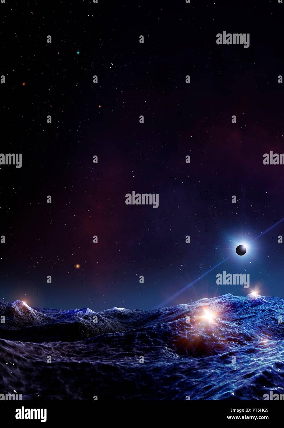 Illustrazione del pianeta extrasolare orbitante intorno alla millisecond pulsar PSR J1719-1438. Il pulsar gas un periodo di rotazione di 5,8 millisecondi ed è situato a 4000 anni luce in forma in terra Serpens Cauda. Gli astronomi hanno scoperto che il pulsar è accompagnato da un compagno, chiamato "diamond planet'. Esso è simile in massa di Giove ma meno della metà di quello del pianeta la dimensione. È probabile che non sia un pianeta ma piuttosto un ricco di carbonio stella nana bianca, ha un aspetto simile a un grande diamante. Questa vista mostra la pulsar visto dalla superficie del suo compagno. Un pianeta o luna è eclissando il pulsar. Foto Stock