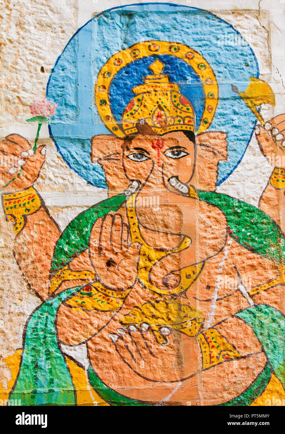 Pittura murale del famoso Hindy divinità Ganesha in Jaisalmer, Rajasthan, India. Foto Stock