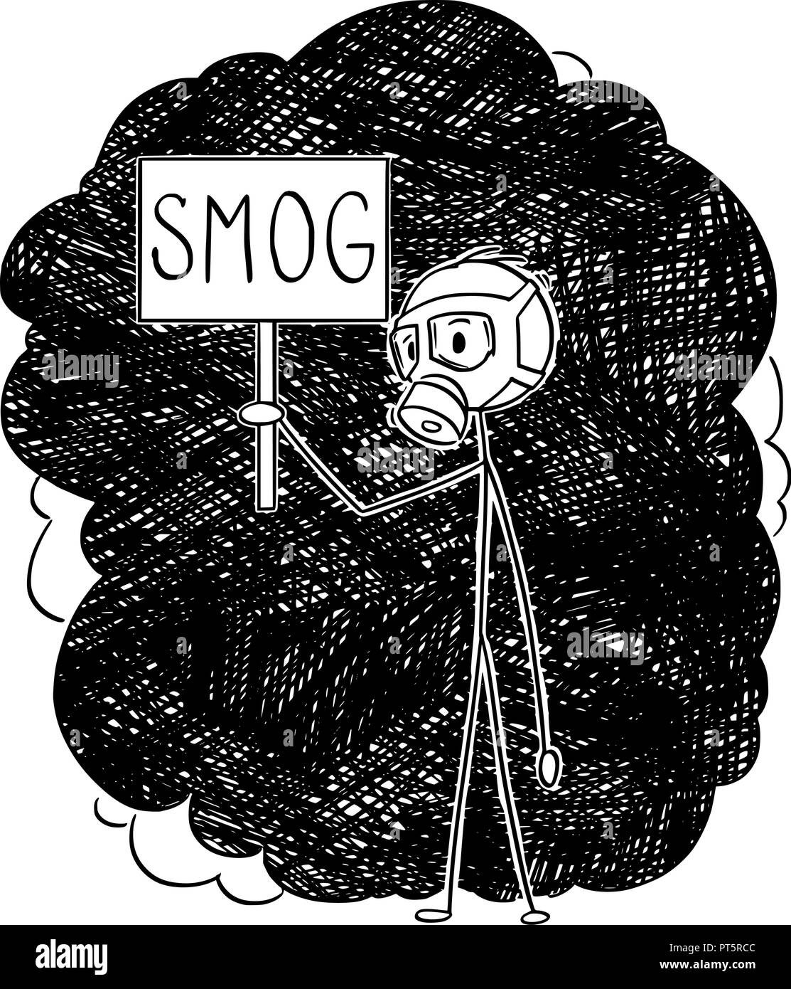 Cartoon di uomo con maschera a gas in piedi in aria inquinata e tenendo premuto segno di smog Illustrazione Vettoriale