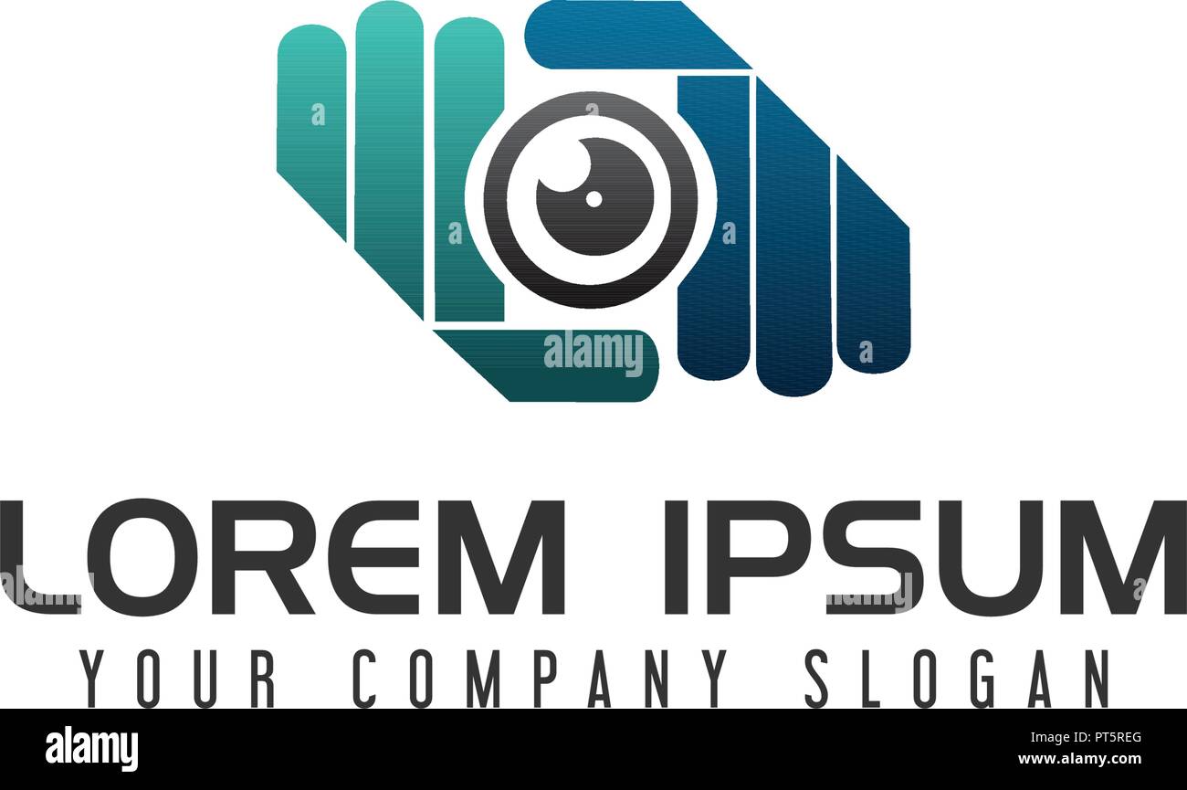 Mano la lente della fotocamera fotografia Logo design modello di concetto Illustrazione Vettoriale