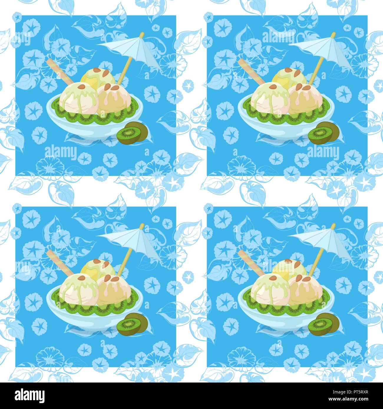 Sfondo senza giunture, coppa di gelato, Kiwi, cialde, ombrelli e mandorla dadi sul blu astratto motivo floreale con un quadrato bianco di frame. Eps10, contiene i lucidi. Vettore Illustrazione Vettoriale