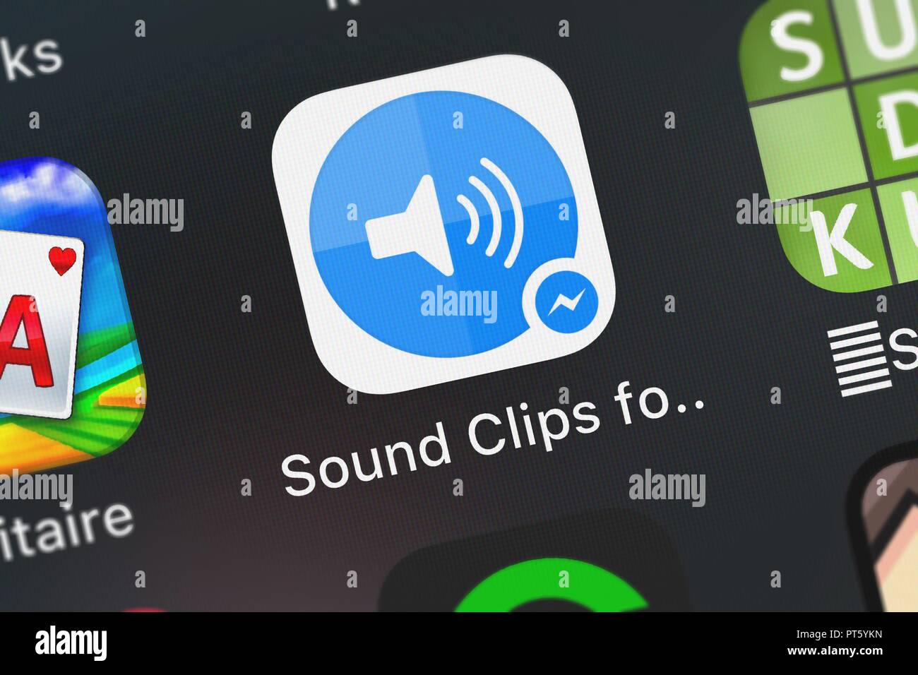London, Regno Unito - Ottobre 06, 2018: Close-up shot del clip audio per Messenger icona applicazione da Facebook, Inc. su un iPhone. Foto Stock