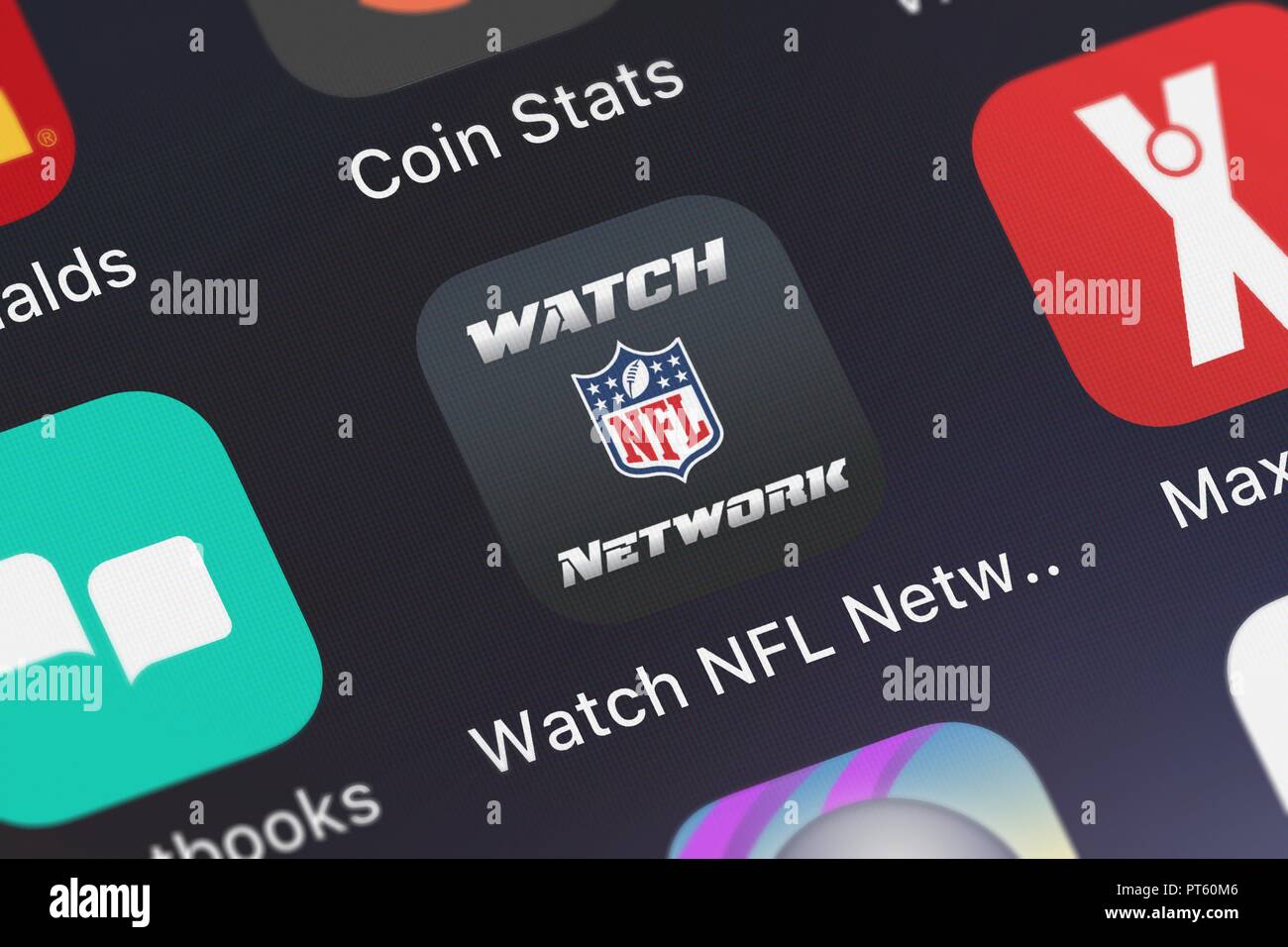 London, Regno Unito - Ottobre 06, 2018: screenshot del mobile app guardare la rete di NFL da NFL Enterprises LLC. Foto Stock