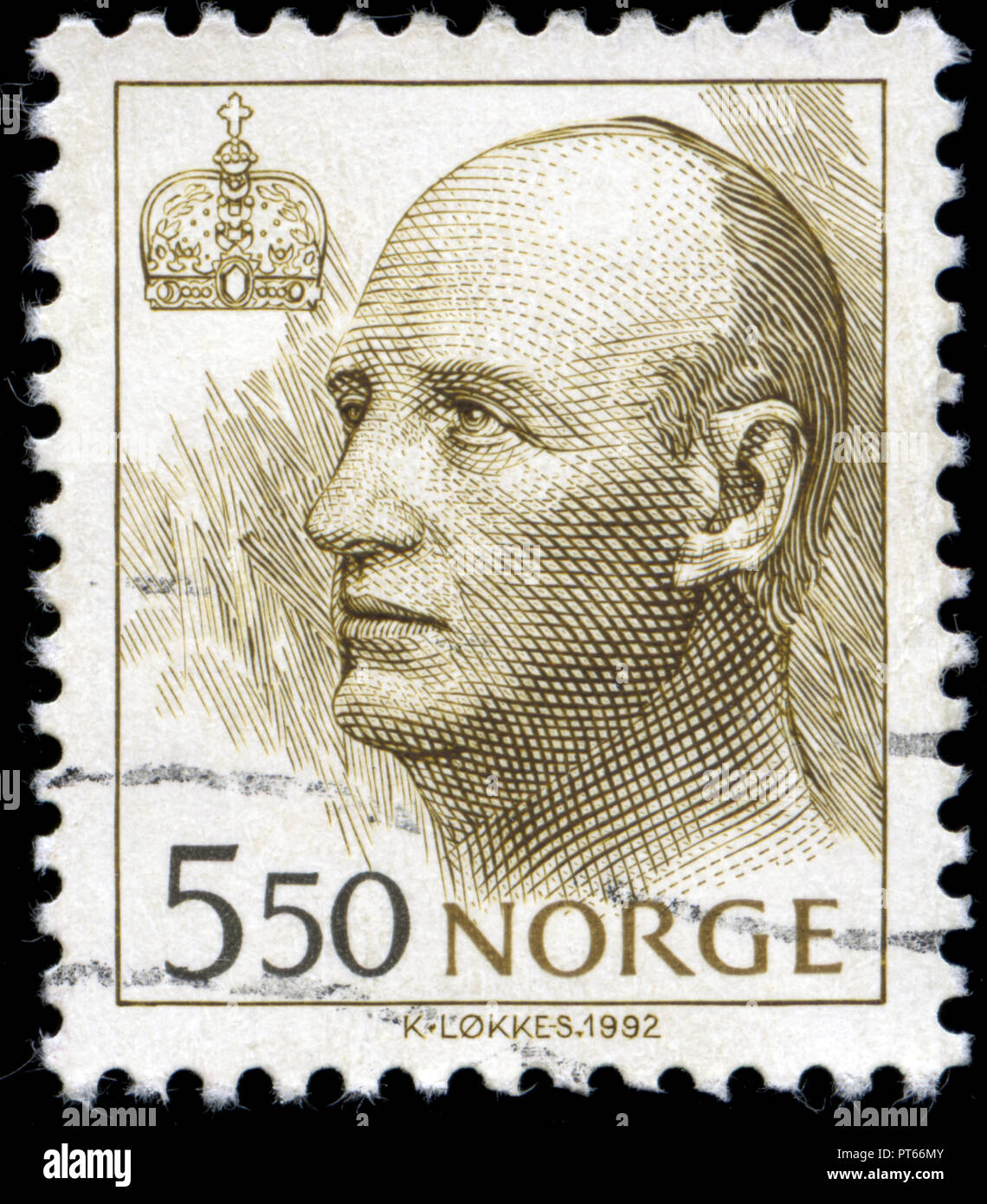 Con timbro postale timbro dalla Norvegia nel Queen Sonja e Re Harald V serie emessi nel 1994 Foto Stock