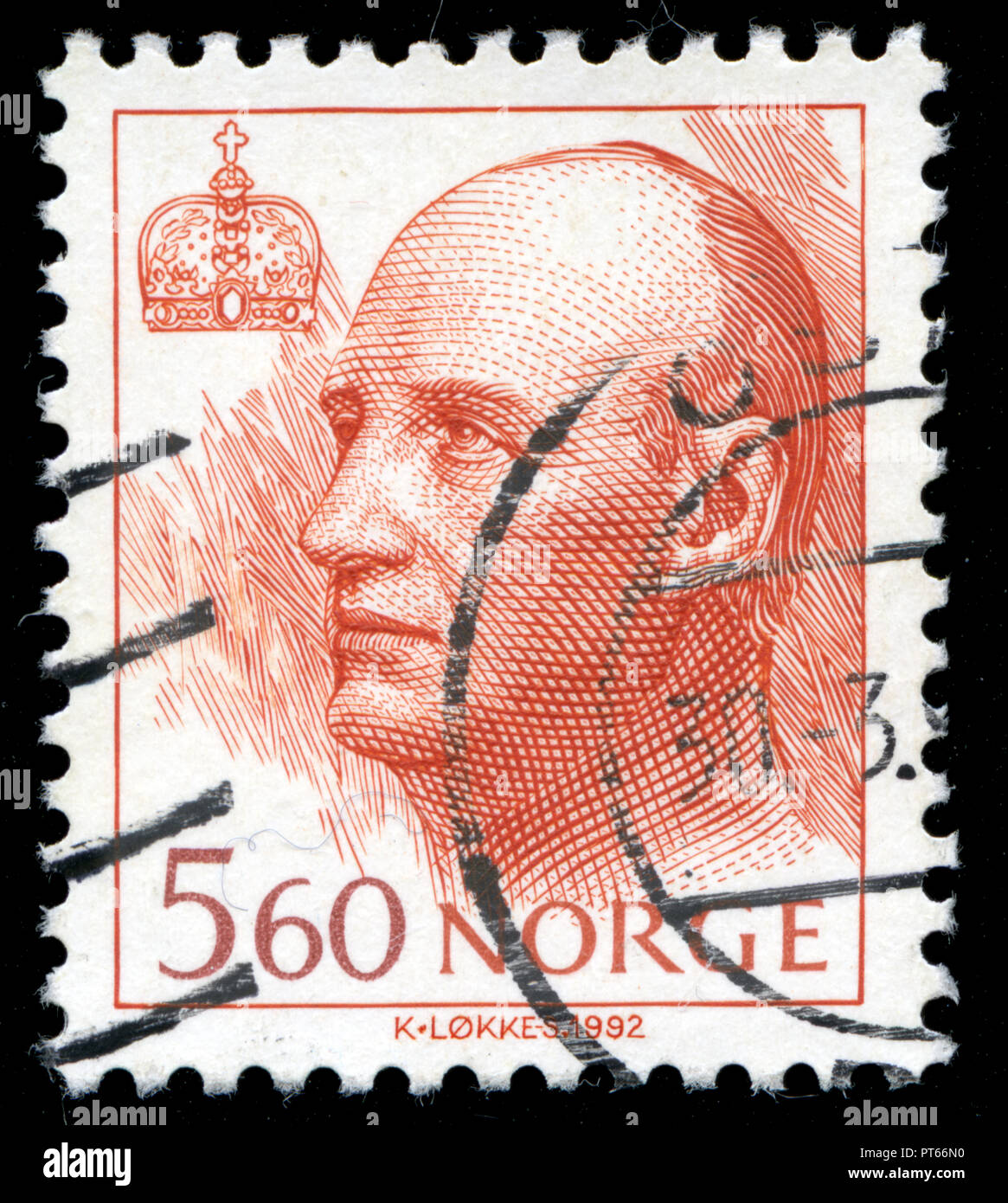 Con timbro postale timbro dalla Norvegia nel Queen Sonja e Re Harald V serie rilasciato in 1992 Foto Stock