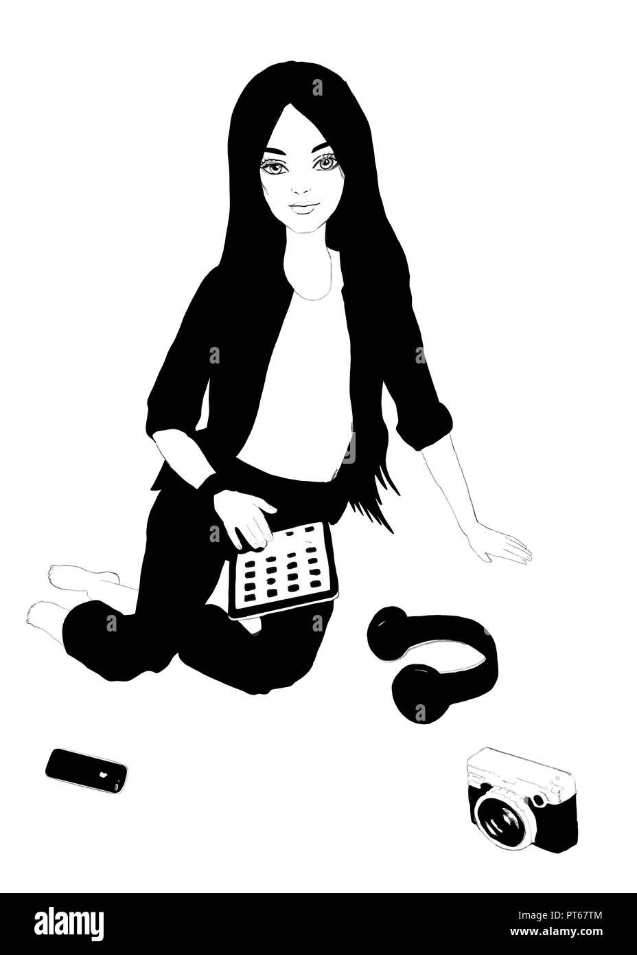 Carino teen trendy moda ragazza con la compressa, cuffie, smartphone e fotocamera Foto Stock