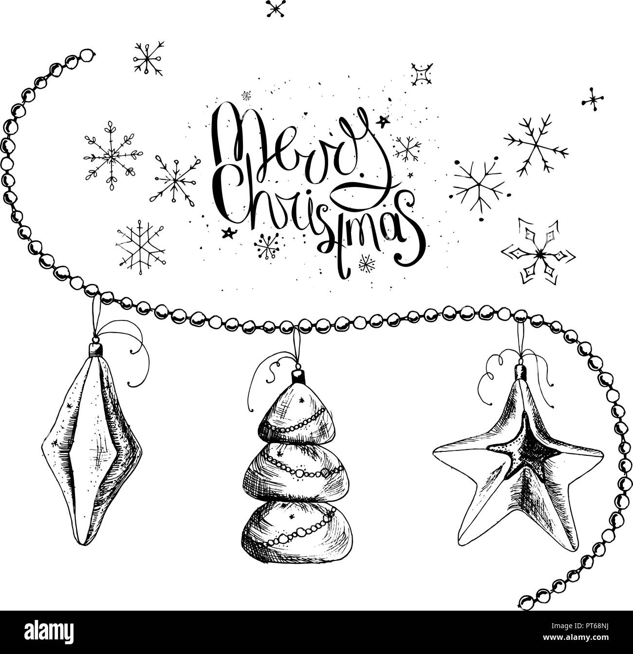 Impostare con decorazioni di Natale e la frase Merry Christmas isolato su bianco Illustrazione Vettoriale