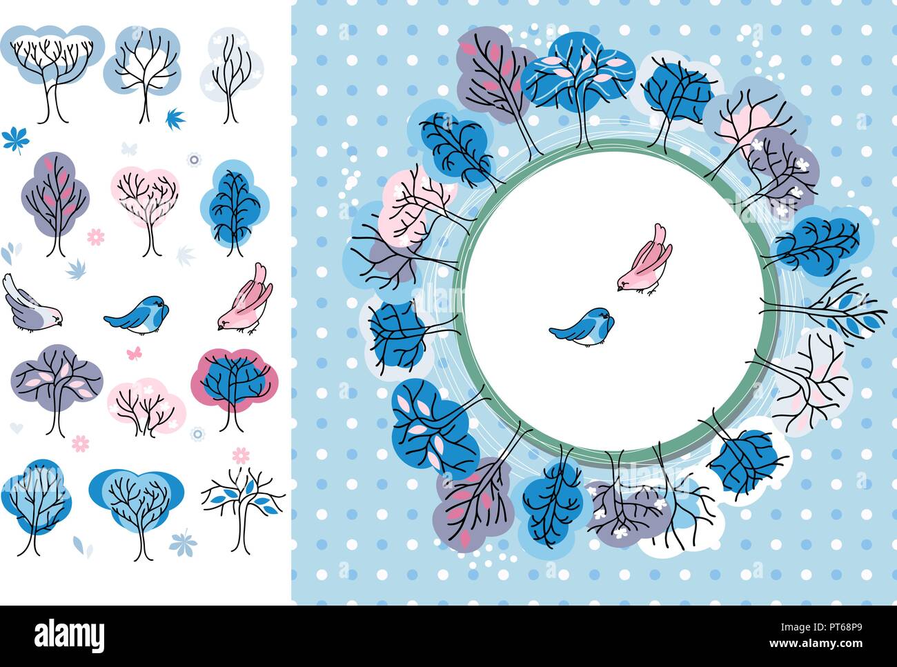 Inverno bigliettino. alberi e uccelli. Cornice rotonda. Modello per la progettazione, festosa greeting cards, annunci di poster. Illustrazione Vettoriale