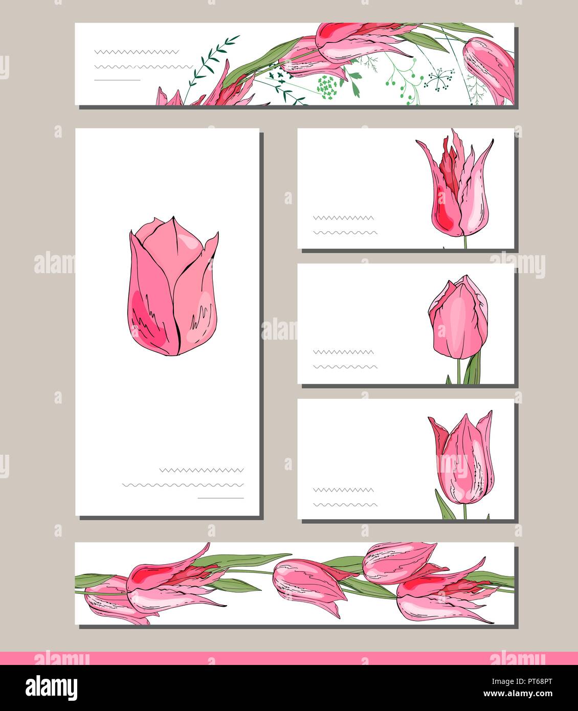 Molla floreali di modelli con graziosi grappoli di tulipani rossi. Per i romantici e il design di pasqua, annunci biglietti di auguri, poster, pubblicità. Illustrazione Vettoriale