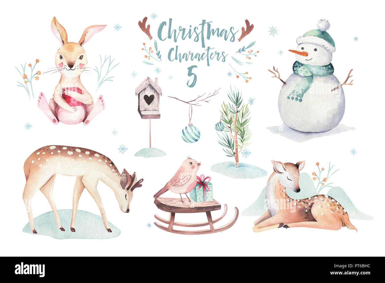 Acquerello Merry Christmas illustrazione con pupazzo di neve, vacanze animali cervi, coniglio. Celebrazione della Messa di Natale le carte. Inverno anno nuovo design. Foto Stock