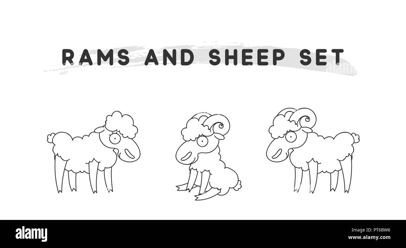 Rams amd pecore impostare lo stile lineare. Animale di carattere Illustrazione Vettoriale