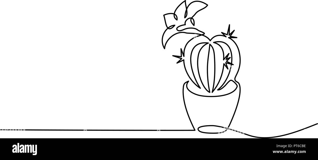 Continuo di un disegno della linea. Casa cactus nel pot. Illustrazione Vettoriale Illustrazione Vettoriale