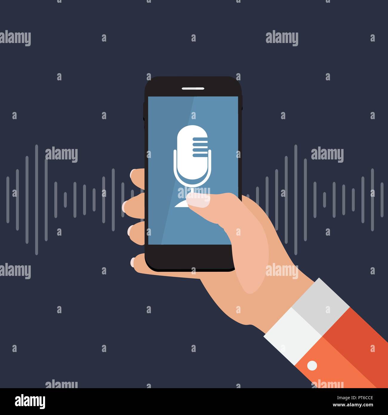 Mano con telefono cellulare con microfono e pulsante di tecnologie intelligenti in stile appartamento. Assistente personale e il riconoscimento vocale del concetto. Illustrazione Vettoriale Illustrazione Vettoriale