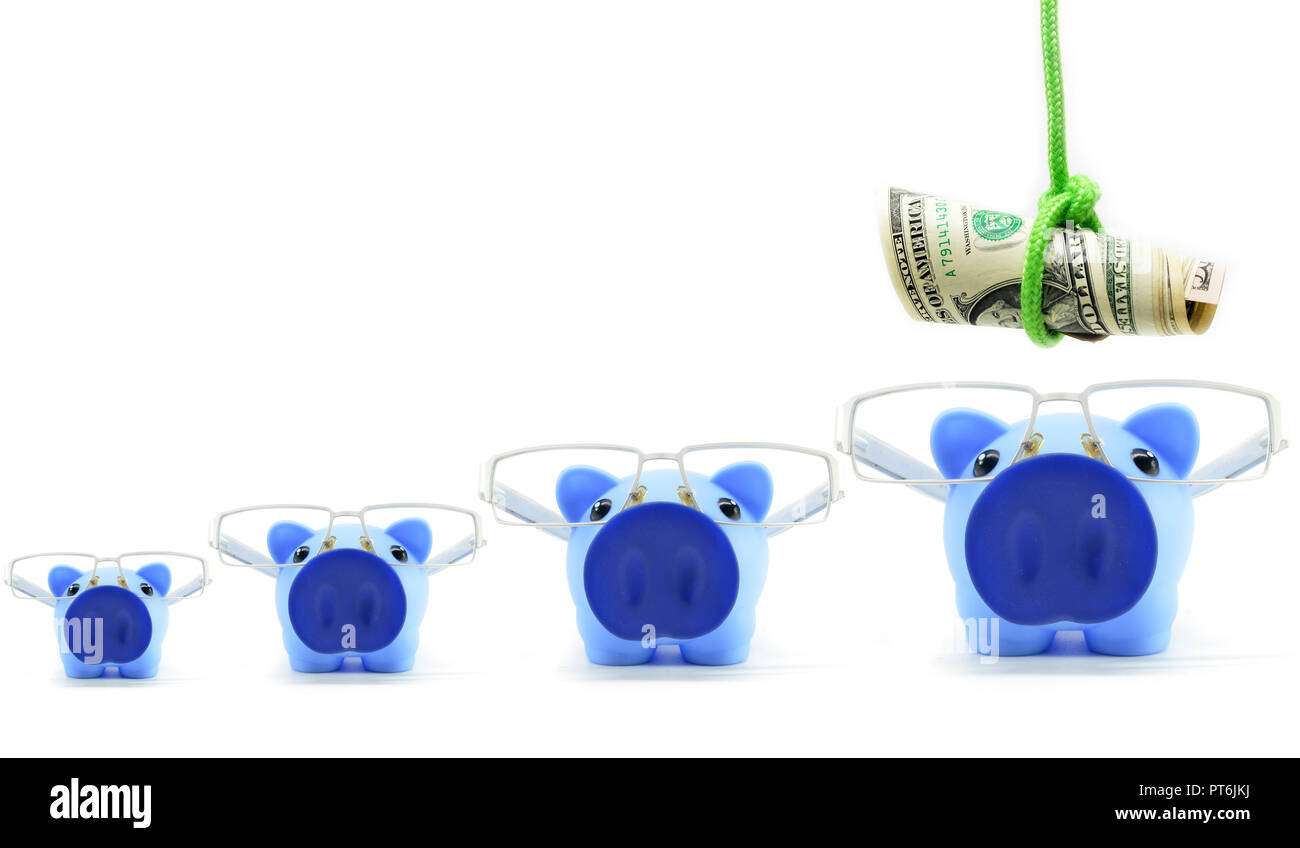 Salvadanaio di rosa le banche aumentando in termini di dimensioni. In crescita il concetto di investimento. Foto Stock