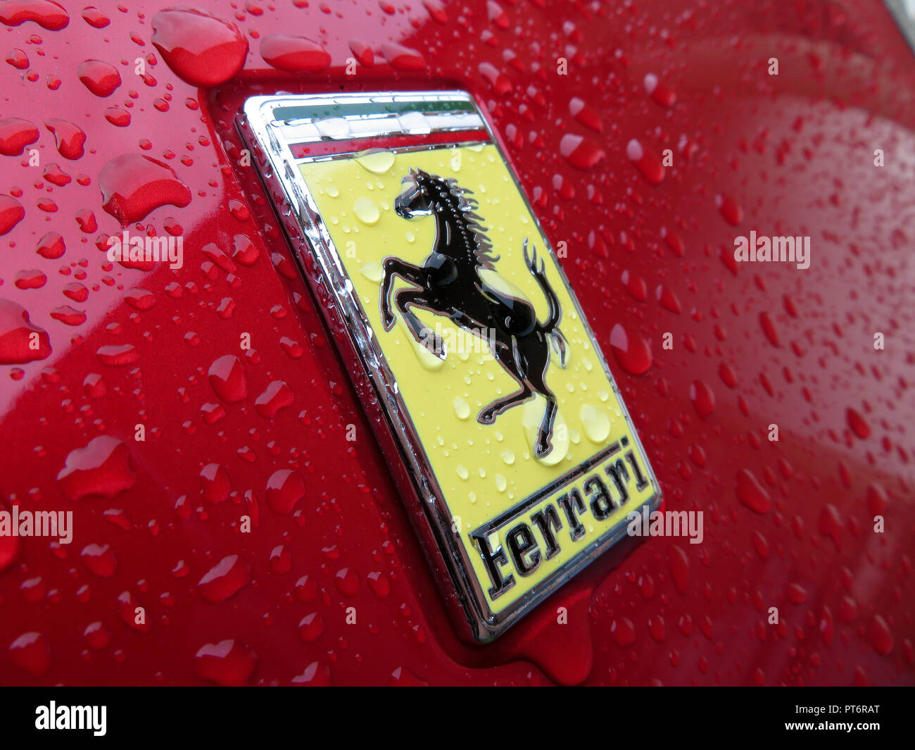 Primo piano di forma rettangolare giallo cavallino rampante logo su una Ferrari auto. Proprietà rilasciato Foto Stock
