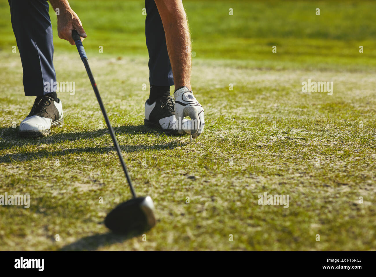 Primo piano di un uomo anziano ponendo una pallina da golf su un raccordo a t mentre in piedi su un campo da golf in una giornata di sole Foto Stock
