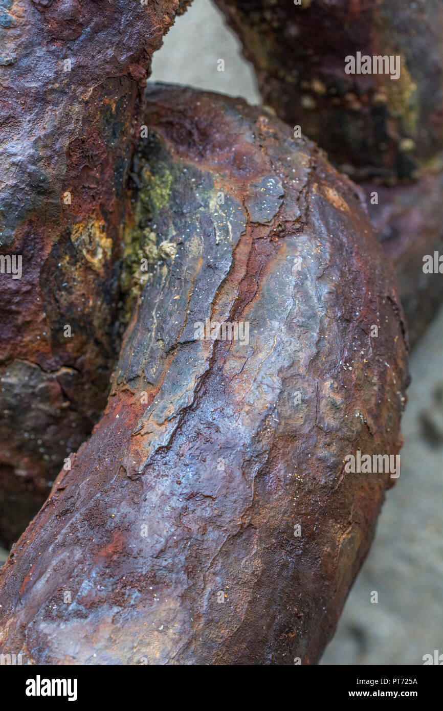 Spesse incrostazioni di ruggine su molto pesante catena di ormeggio. La ruggine è una forma di ossido di ferro. Metafora per corrosione, debole, punto debole, debolezza. Foto Stock