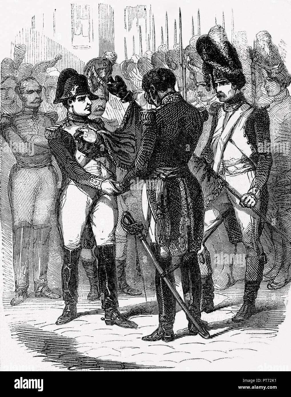 La Francia. Fine del primo impero francese. Aprile 20, 1814. Napoleone I addio alla vecchia guardia. Il cortile a Fountainebleau. Foto Stock