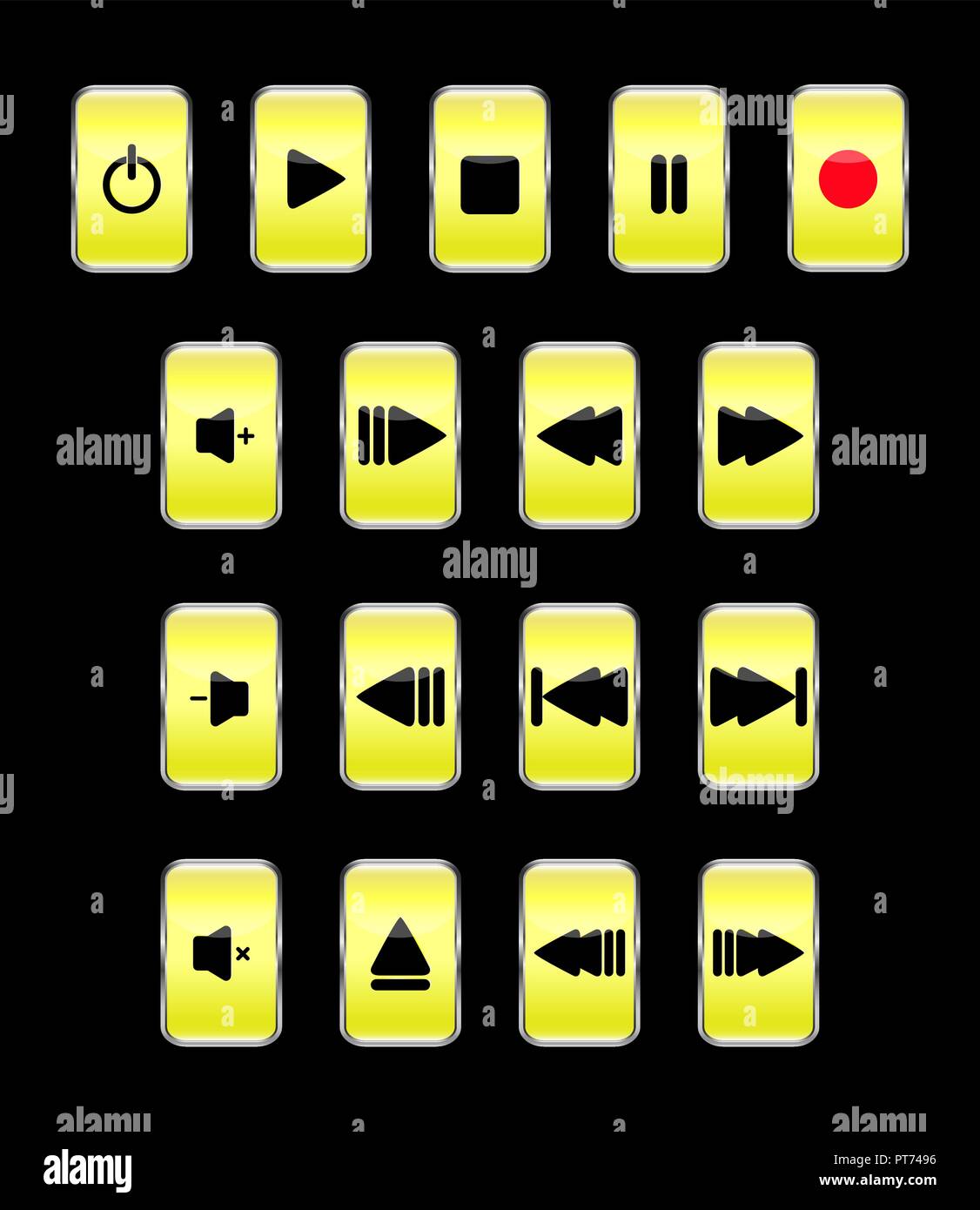 Set di rettangolare giallo verticale i pulsanti per il controllo del dispositivo multimediale. Illustrazione Vettoriale