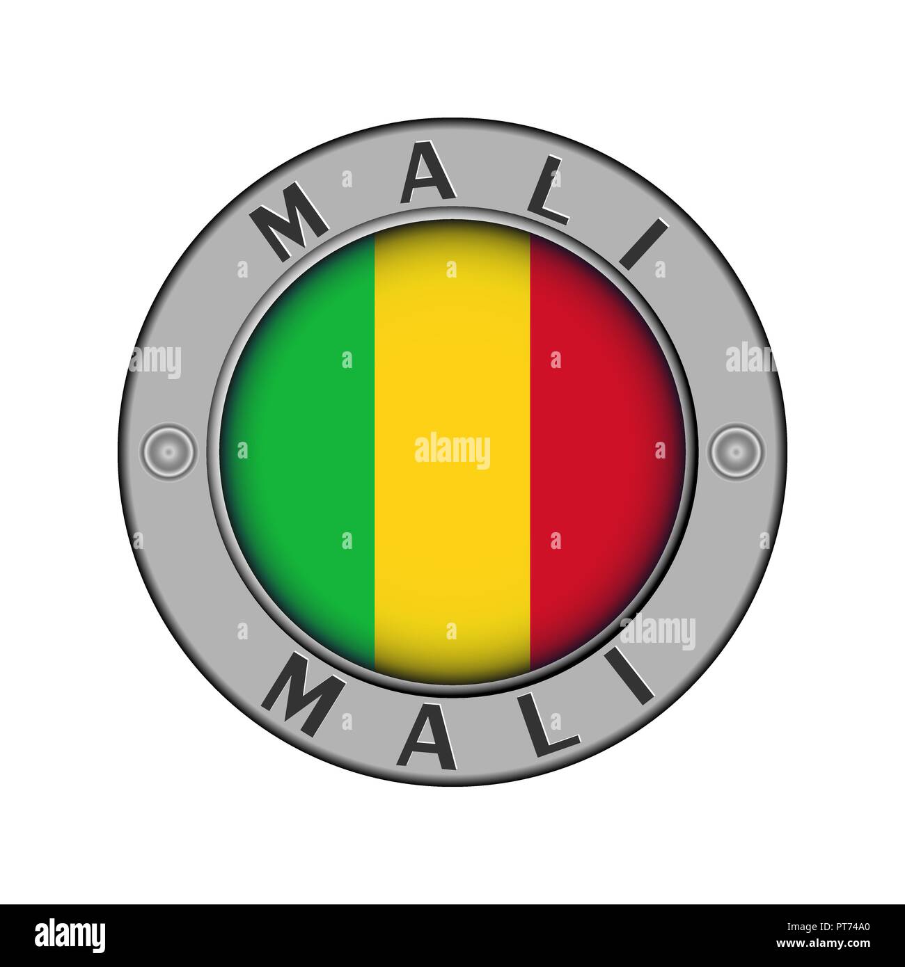 Rotondo di metallo medaglione con il nome del paese di Mali e un indicatore rotondo nel centro Illustrazione Vettoriale