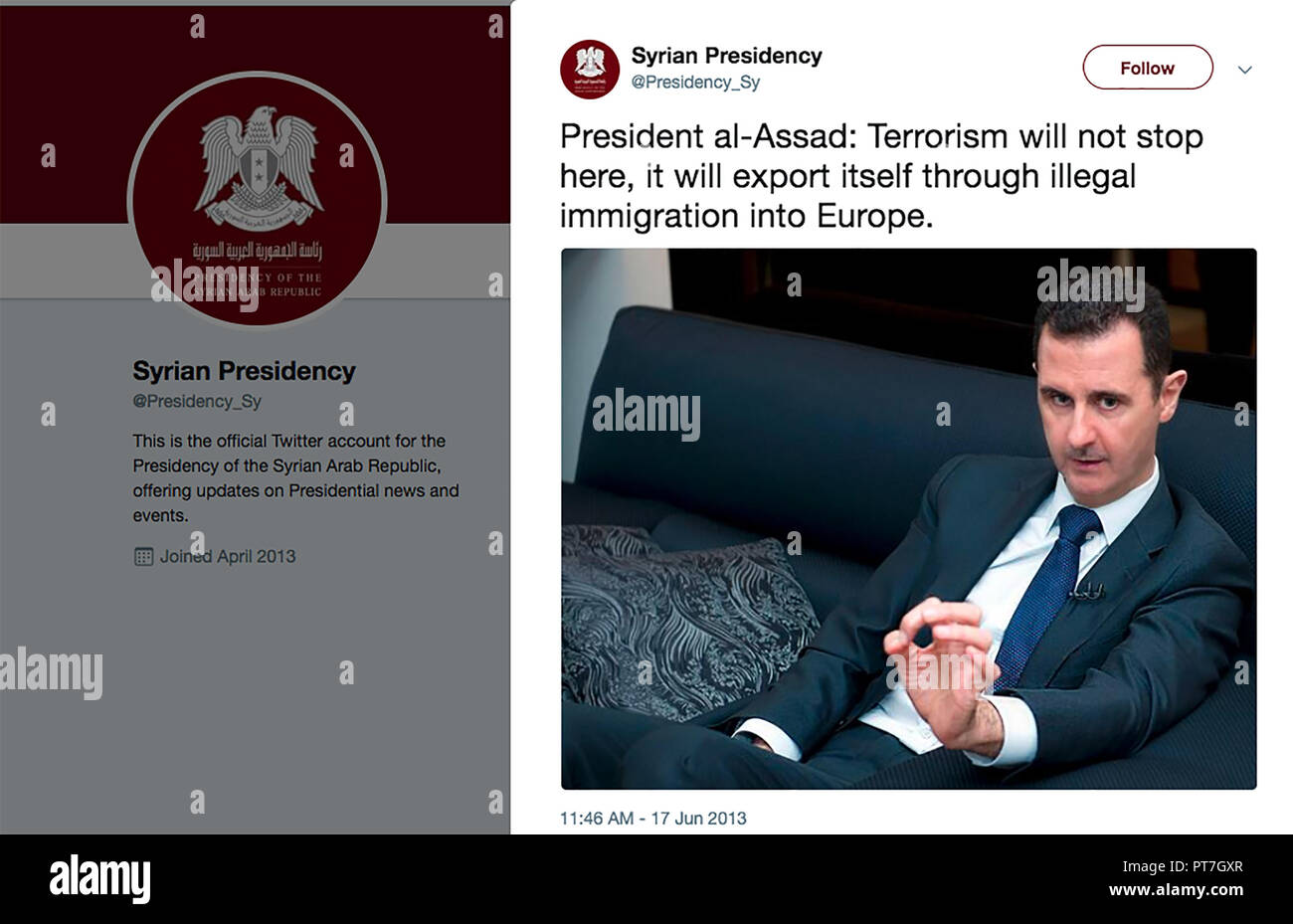 Kiev, Ucraina. Il 7 ottobre, 2018. Il twitter ufficiale pagina per Bashar Hafez al-Assad, presidente della Siria. Credito: Igor Golovniov SOPA/images/ZUMA filo/Alamy Live News Foto Stock