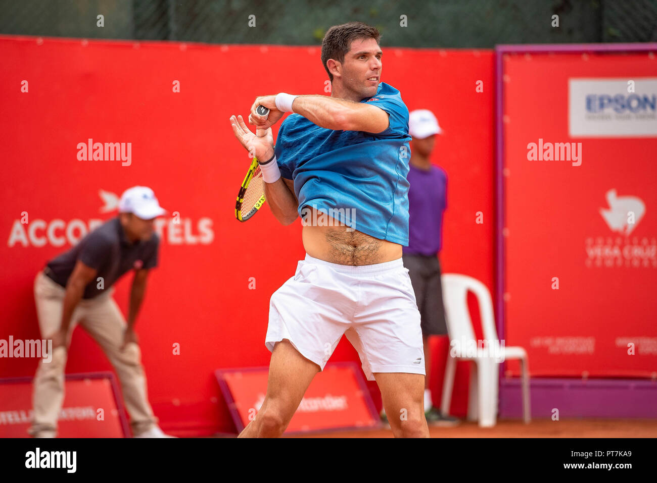 Campinas, Brasile. 07 ott 2018. Federico DELBONIS (ARG) in un match che si disputeranno nella finale del Challenger ATP Challenger di Campinas, svoltasi all'interno della città di São Paulo, questa domenica (7), presso l'equitazione parco di Campinas. Credito: Fabio Leoni/FotoArena/Alamy Live News Foto Stock