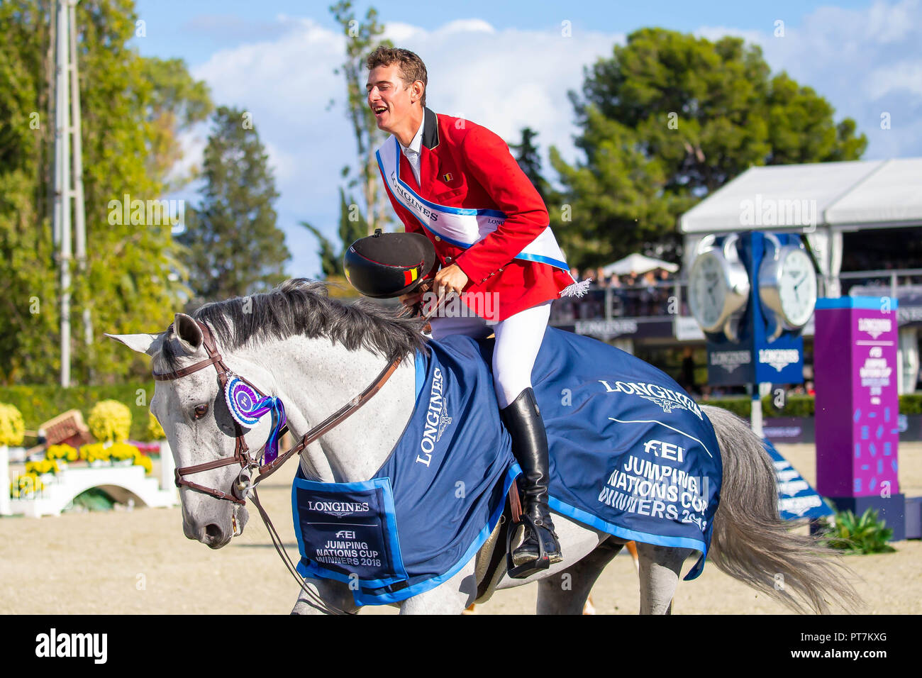 Barcellona, Spagna. 7 Ott 2018. I vincitori. Team Belgio. Pieter Devos. BEL. Equitazione Claire Z. . Giro d'onore pf. Concorso finale Round Longines FEI Jumping Nations Cup finale. Showjumping. Barcellona. Spagna. Il giorno 3. 07/10/2018. Credito: Sport In immagini/Alamy Live News Foto Stock