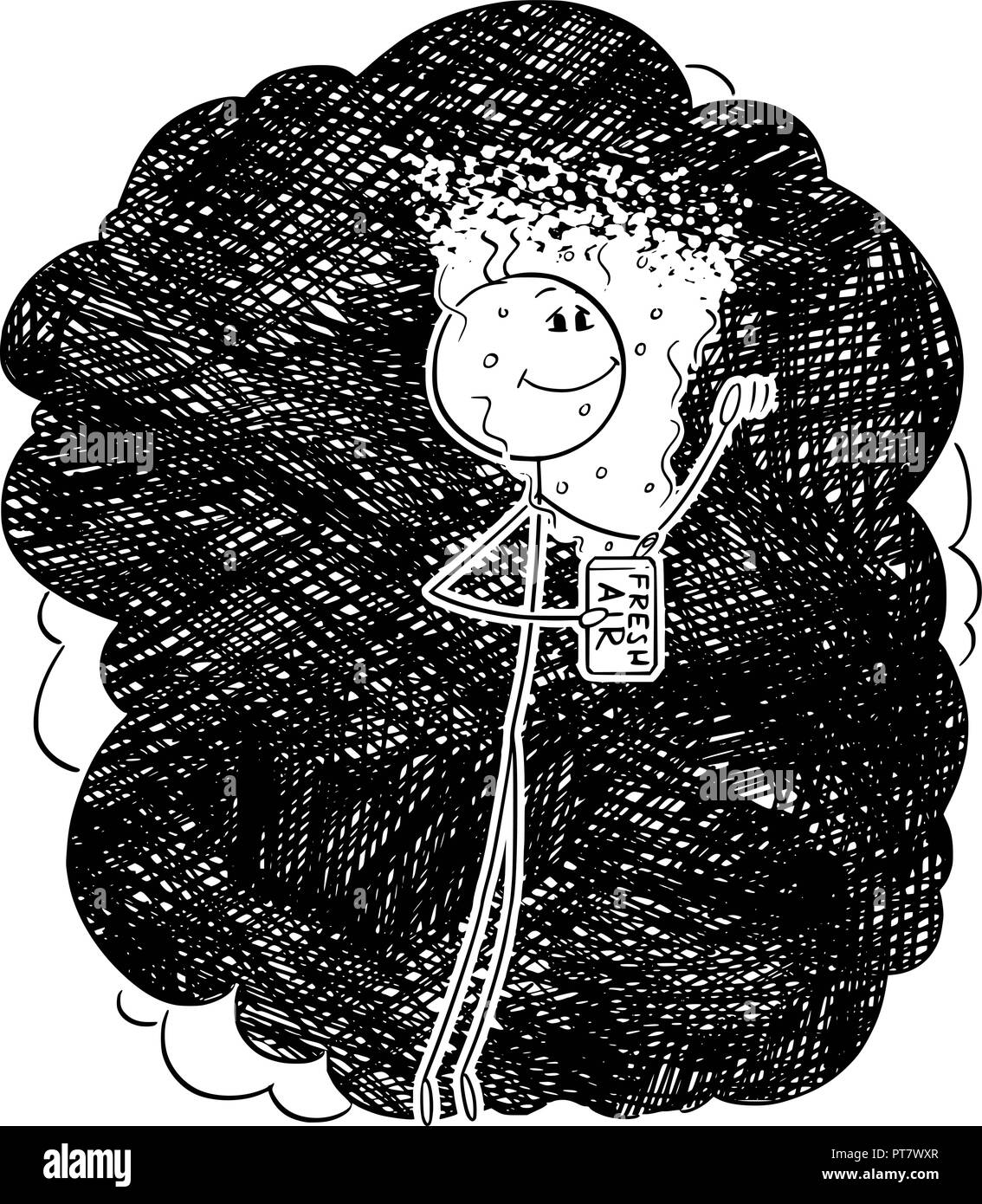 Cartoon di uomo circondato dallo smog o da aria inquinata godendo di aria fresca proveniente da CAN Illustrazione Vettoriale