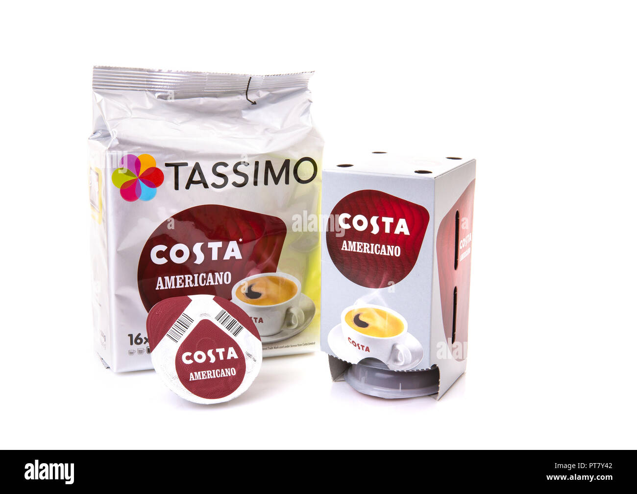 SWINDON, Regno Unito - 7 ottobre 2017: Tassimo Americano cialde di caffè su sfondo bianco Foto Stock