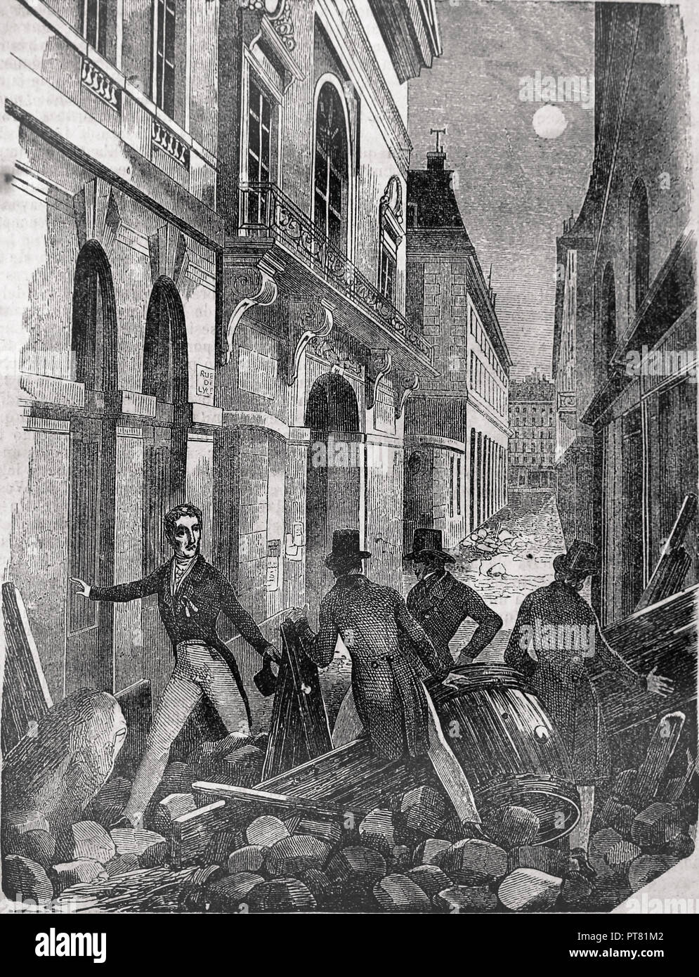 Il francese. Rivoluzione di luglio, 1830. Il marchese de Lafayette visitando le barricate. Incisione del XIX secolo. Foto Stock