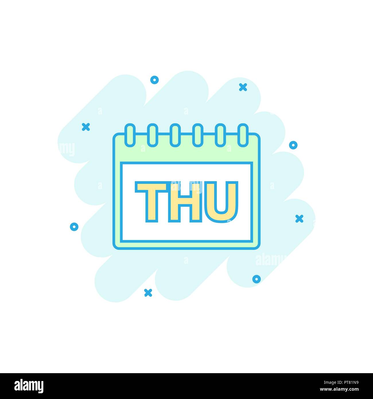 Cartoon giovedì colorato calendario pagina icona in stile fumetto. Illustrazione del calendario pittogramma. Giovedì segno splash concetto aziendale. Illustrazione Vettoriale
