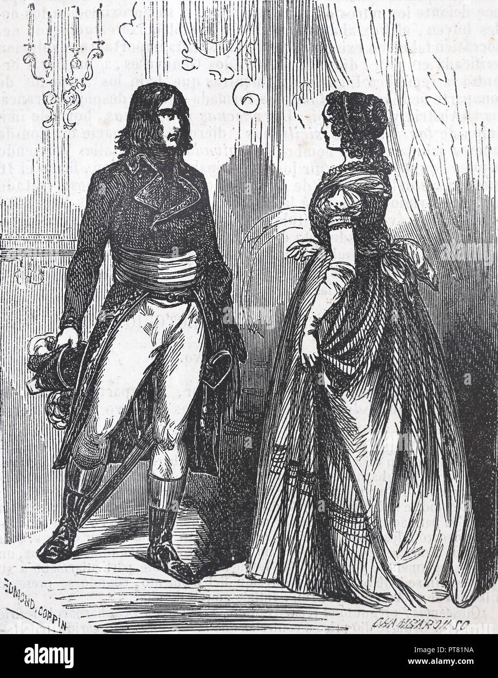 Primo Impero Francese. Riunione tra l'imperatore Napoleone I e l'Imperatrice consorte Giuseppina. Incisione del XIX secolo. Foto Stock