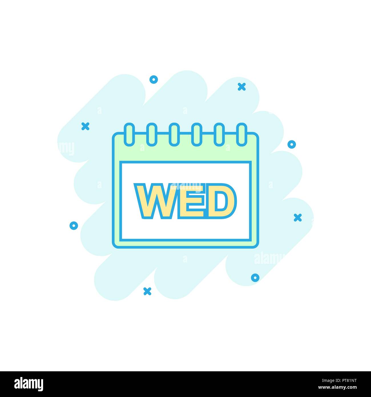 Cartoon mercoledì colorato calendario pagina icona in stile fumetto. Illustrazione del calendario pittogramma. Mercoledì segno splash concetto aziendale. Illustrazione Vettoriale