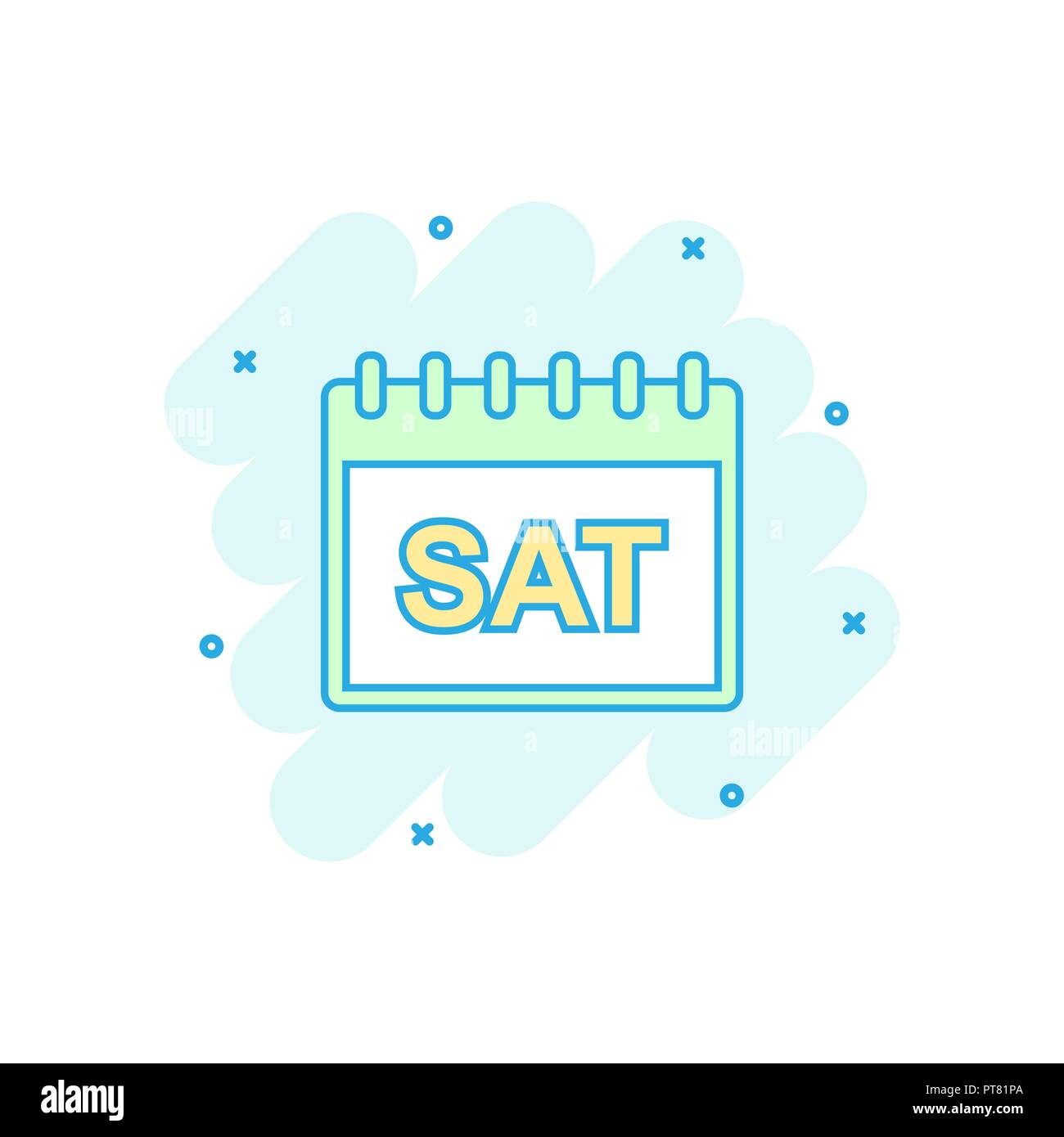 Colorato Cartoon sabato calendario pagina icona in stile fumetto. Illustrazione del calendario pittogramma. Sabato segno splash concetto aziendale. Illustrazione Vettoriale