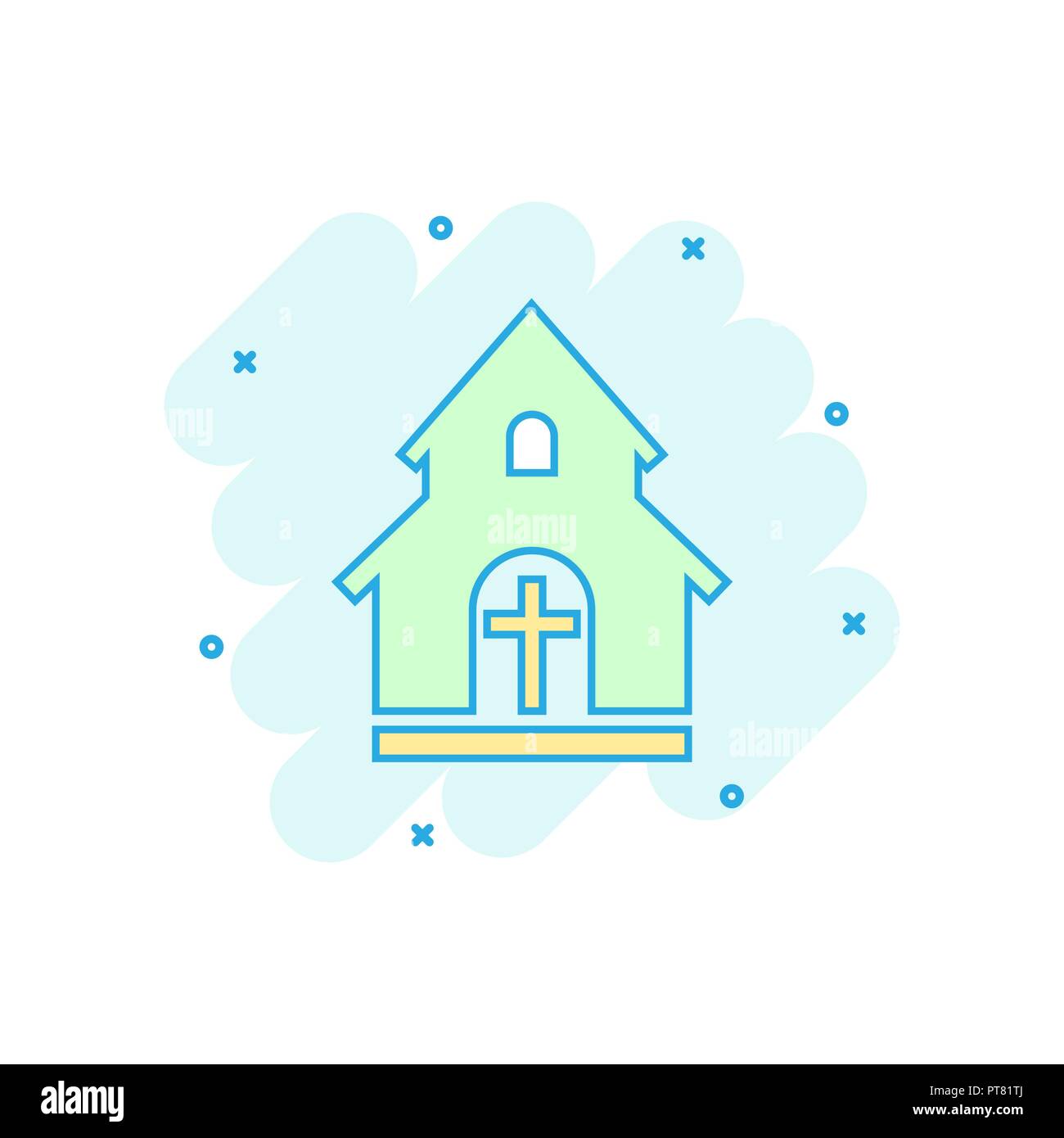 Cartoon chiesa colorato santuario icona in stile fumetto. Edificio templare illustrazione pittogramma. La Chiesa segno splash concetto aziendale. Illustrazione Vettoriale