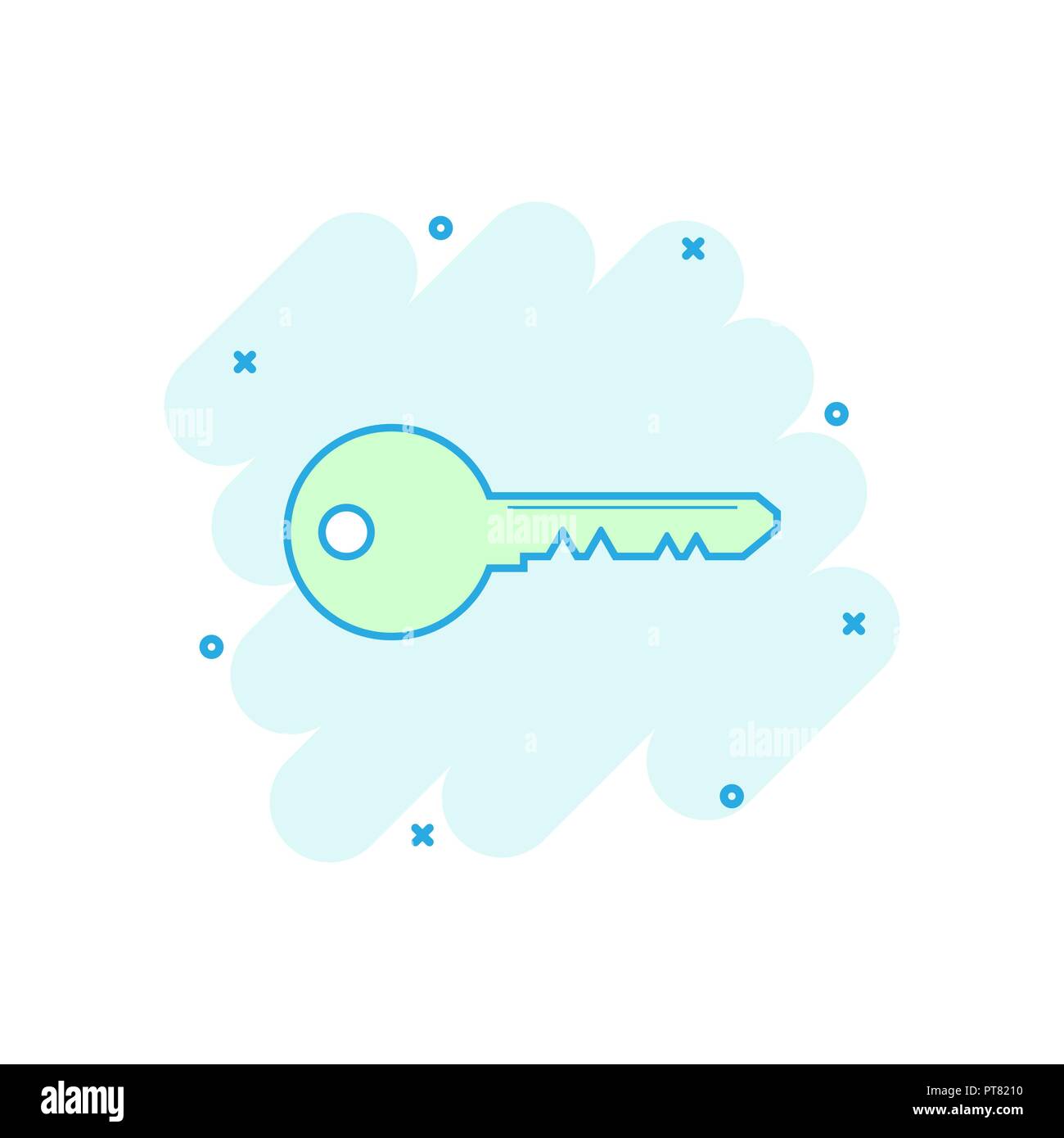 Cartoon tasto colorato icona in stile fumetto. Sbloccare illustrazione pittogramma. Segno chiave splash concetto aziendale. Illustrazione Vettoriale