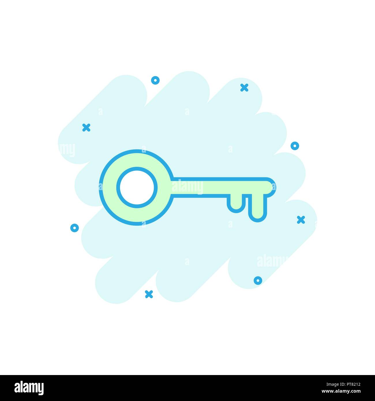 Cartoon tasto colorato icona in stile fumetto. Sbloccare illustrazione pittogramma. Segno chiave splash concetto aziendale. Illustrazione Vettoriale