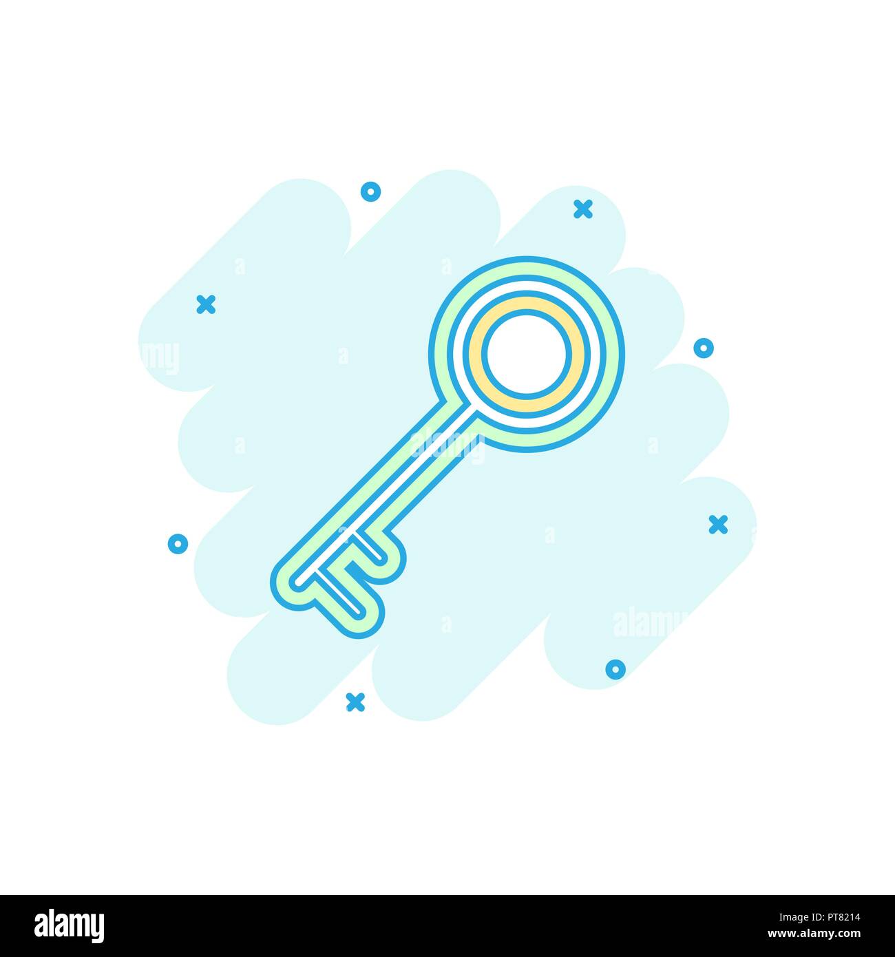 Cartoon tasto colorato icona in stile fumetto. Sbloccare illustrazione pittogramma. Segno chiave splash concetto aziendale. Illustrazione Vettoriale