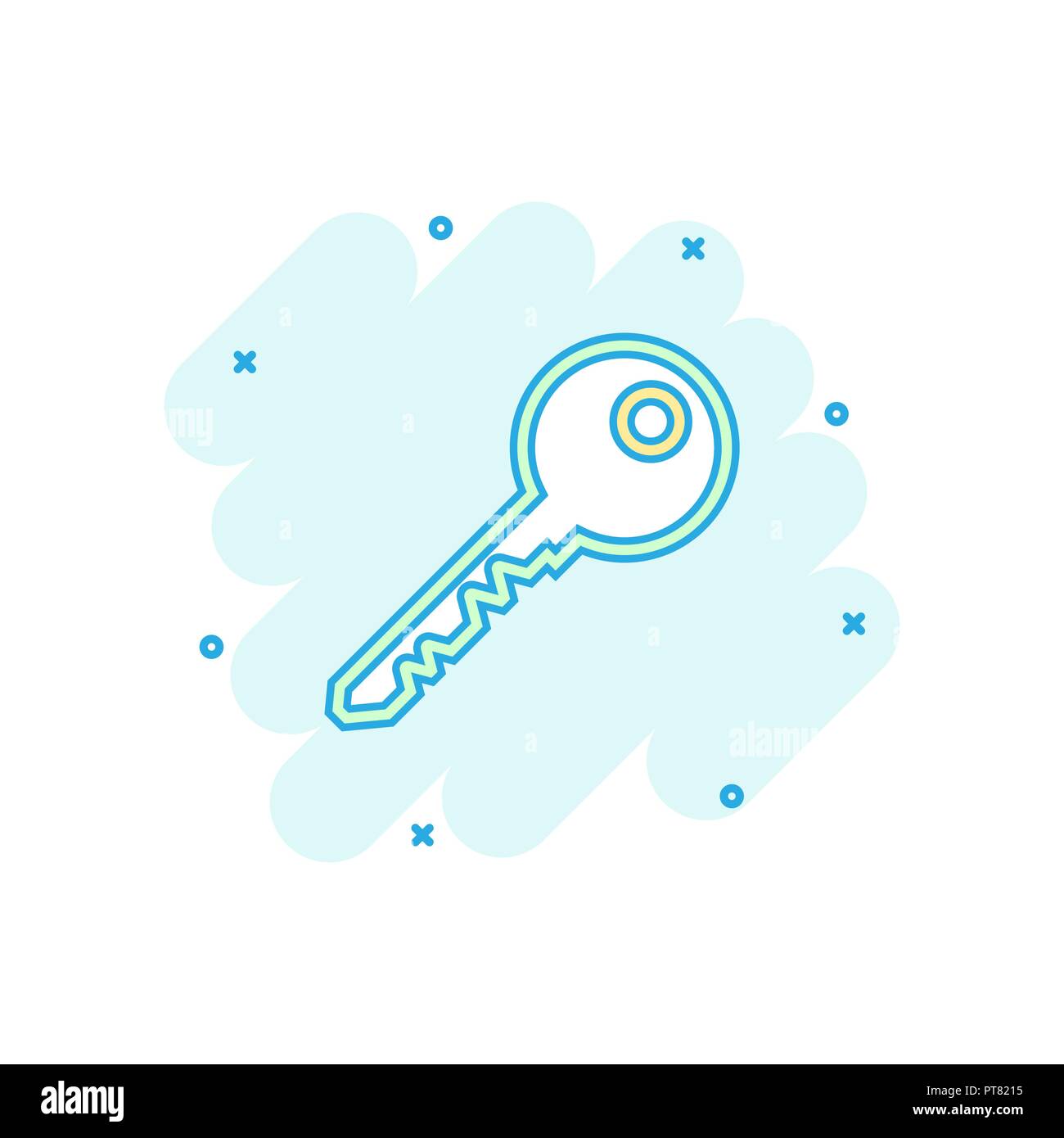 Cartoon tasto colorato icona in stile fumetto. Sbloccare illustrazione pittogramma. Segno chiave splash concetto aziendale. Illustrazione Vettoriale