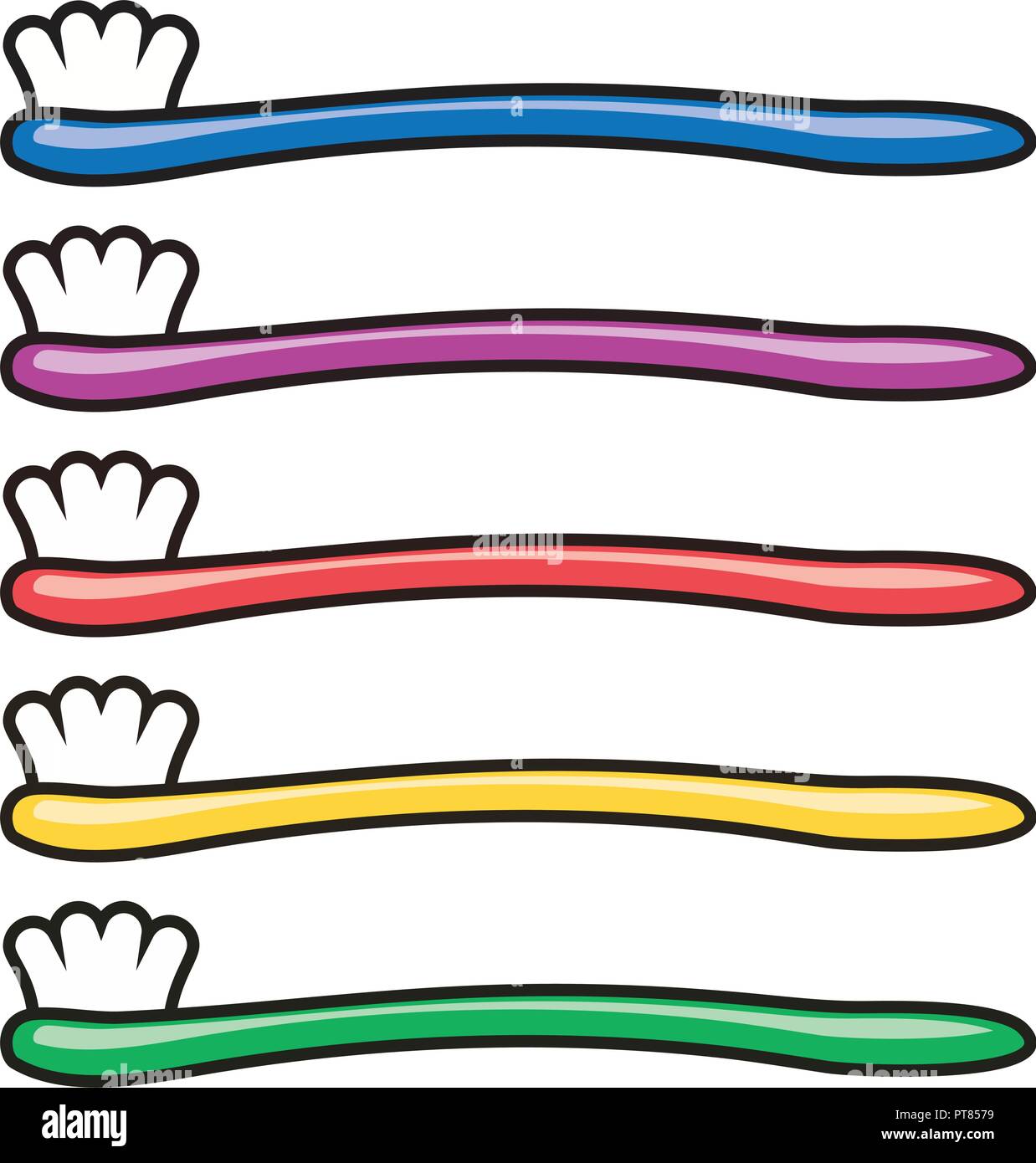 Set di vettore di coloratissimi spazzolini da denti isolati su sfondo bianco. Spazzolino da denti raccolta con nessun dentifricio. Igiene dentale Cura simbolo. dente in plastica Illustrazione Vettoriale