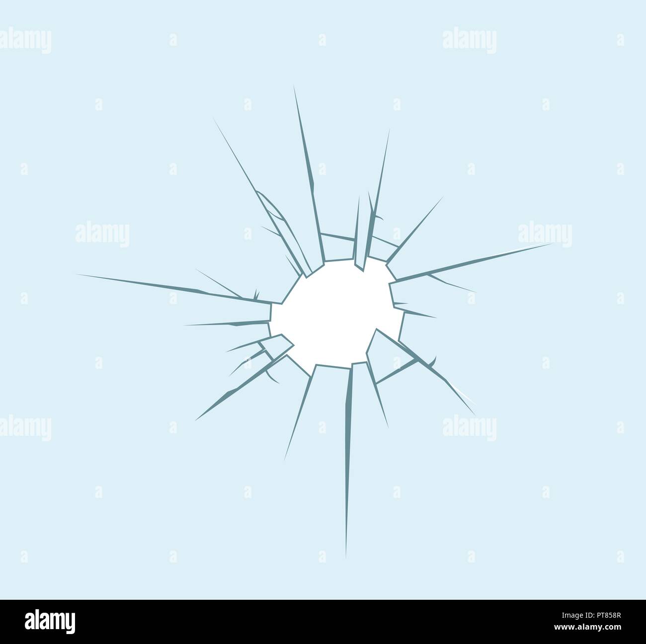 Vettore di finestra in vetro crack sfondo. il vetro rotto con un foro. danneggiato il parabrezza illustrazione. bullet o sfera mark su vetro Illustrazione Vettoriale