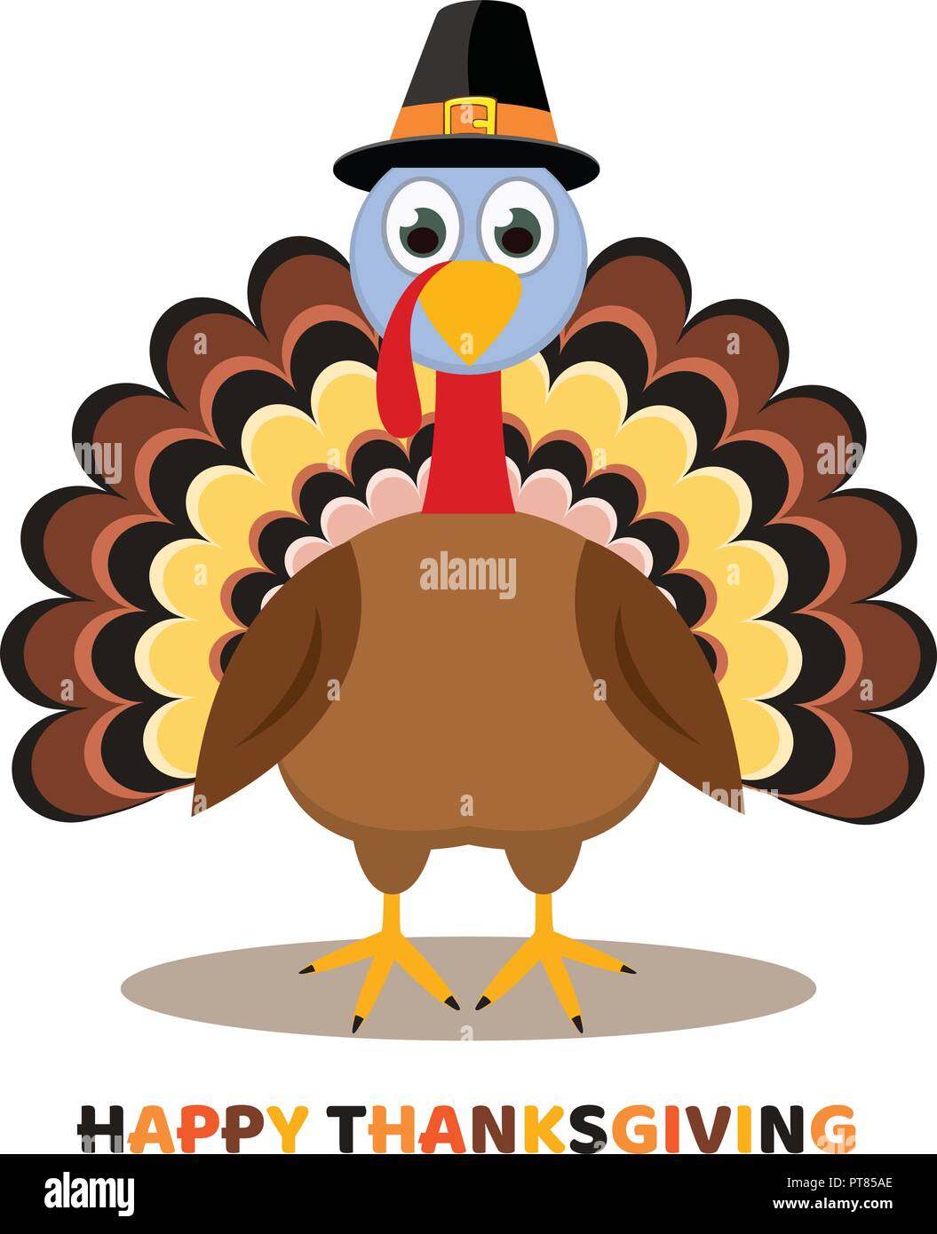 Scheda vettore per il giorno del ringraziamento con il cartoon turchia bird. Felice ringraziamento testo colorato Illustrazione Vettoriale