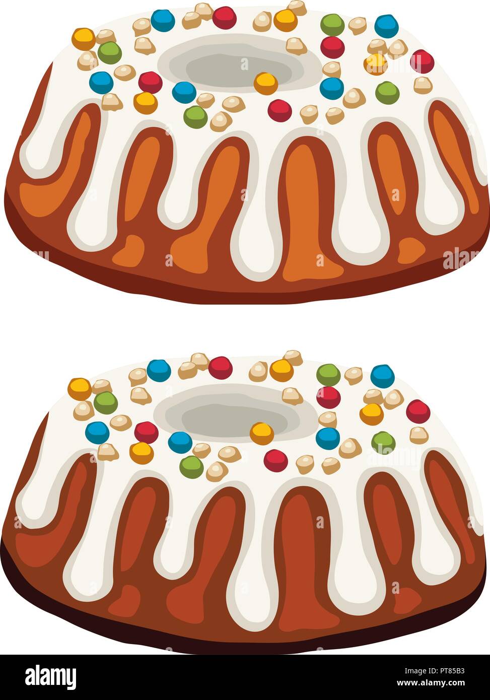 Vector torte fatte in casa isolata su sfondo bianco. cotta dessert torta al cioccolato, noci, frutta e glassa bianca Illustrazione Vettoriale