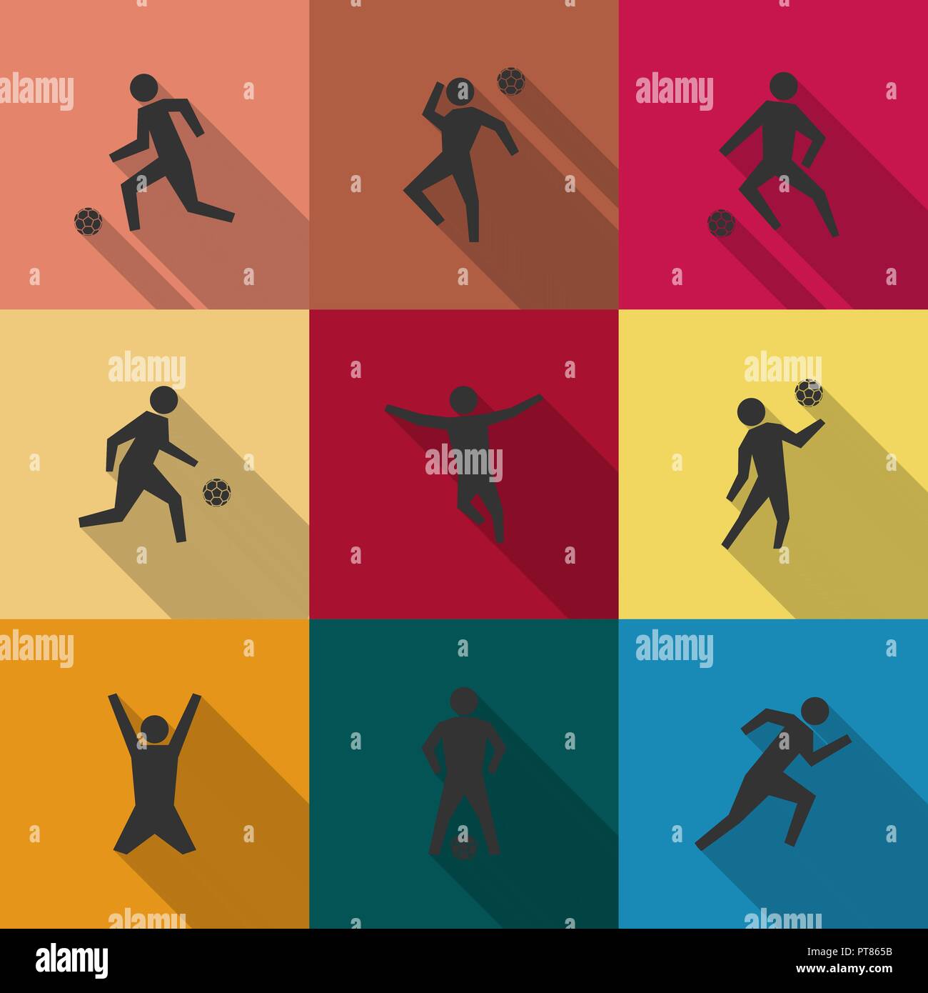 Set di icone i giocatori di calcio con diagonale lunga ombra, illustrazione vettoriale. Illustrazione Vettoriale