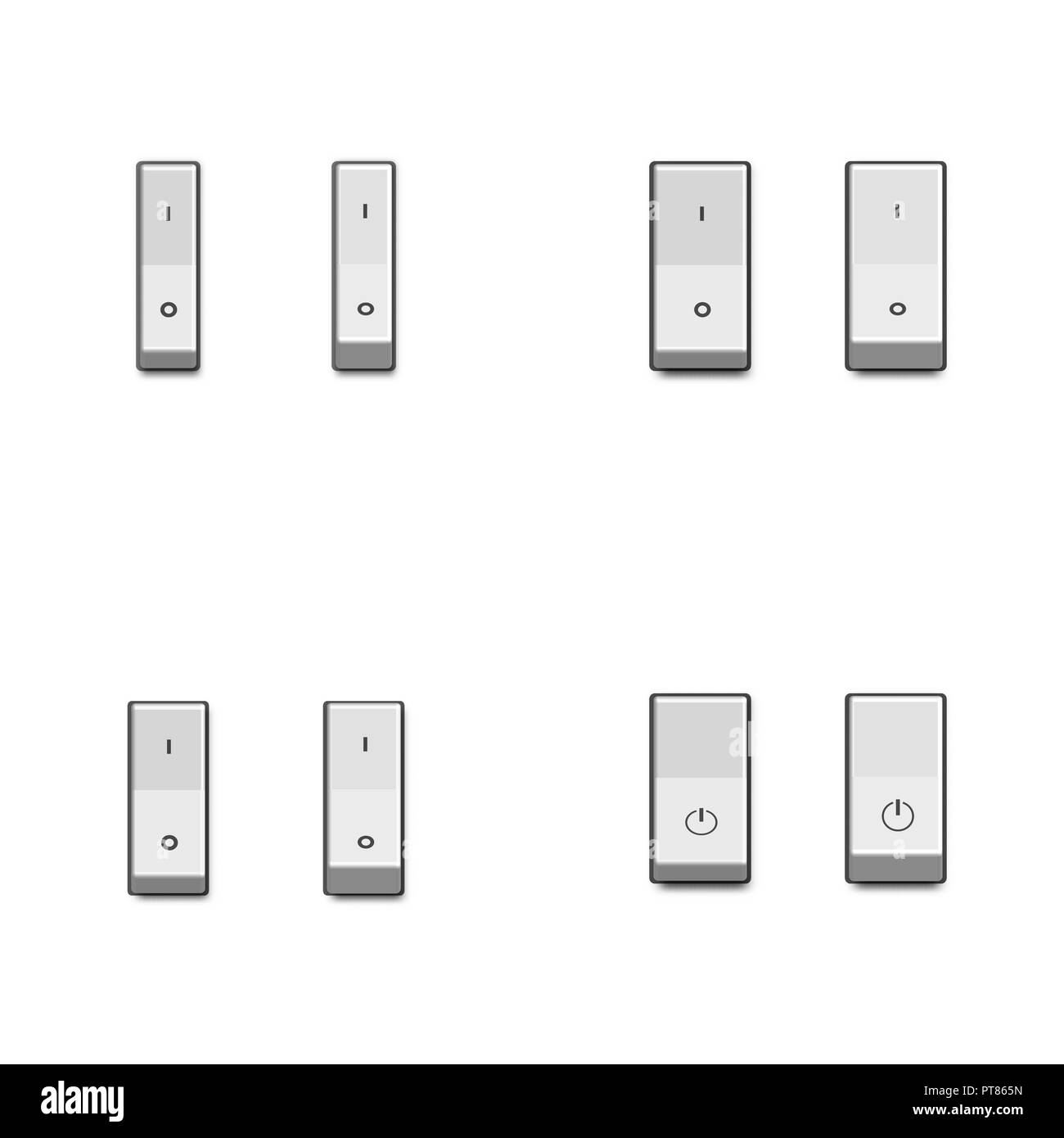 Set di realistico gli interruttori a levetta in posizione di accensione e spegnimento. Componente elettrico elementi di design, illustrazione vettoriale. Illustrazione Vettoriale