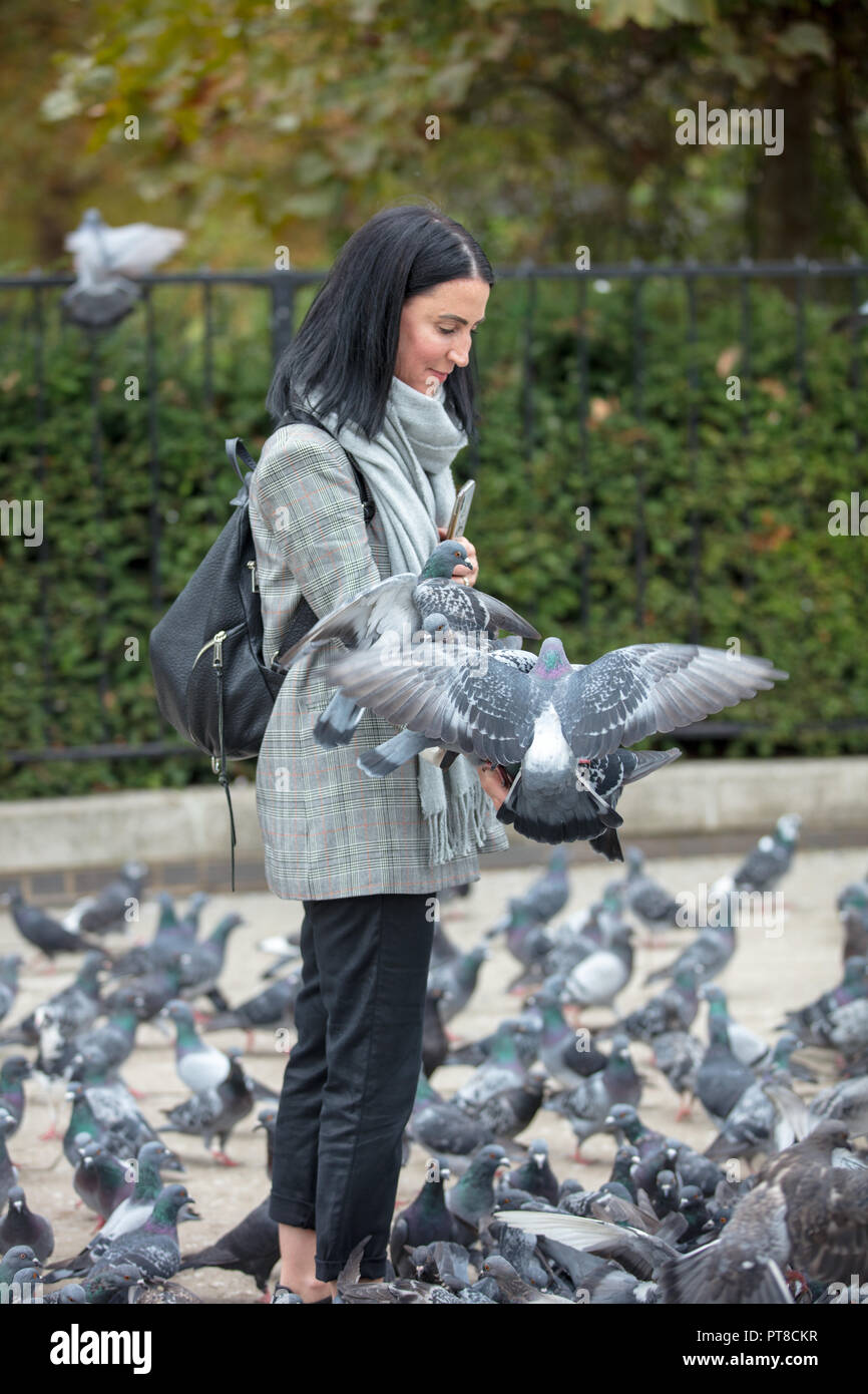Hyde Park Corner, Londra, GB. Un turista femminile alimenta i piccioni con una manciata di alimenti per uccelli, invitando gli uccelli a venire sulla sua mano e braccio. Foto Stock