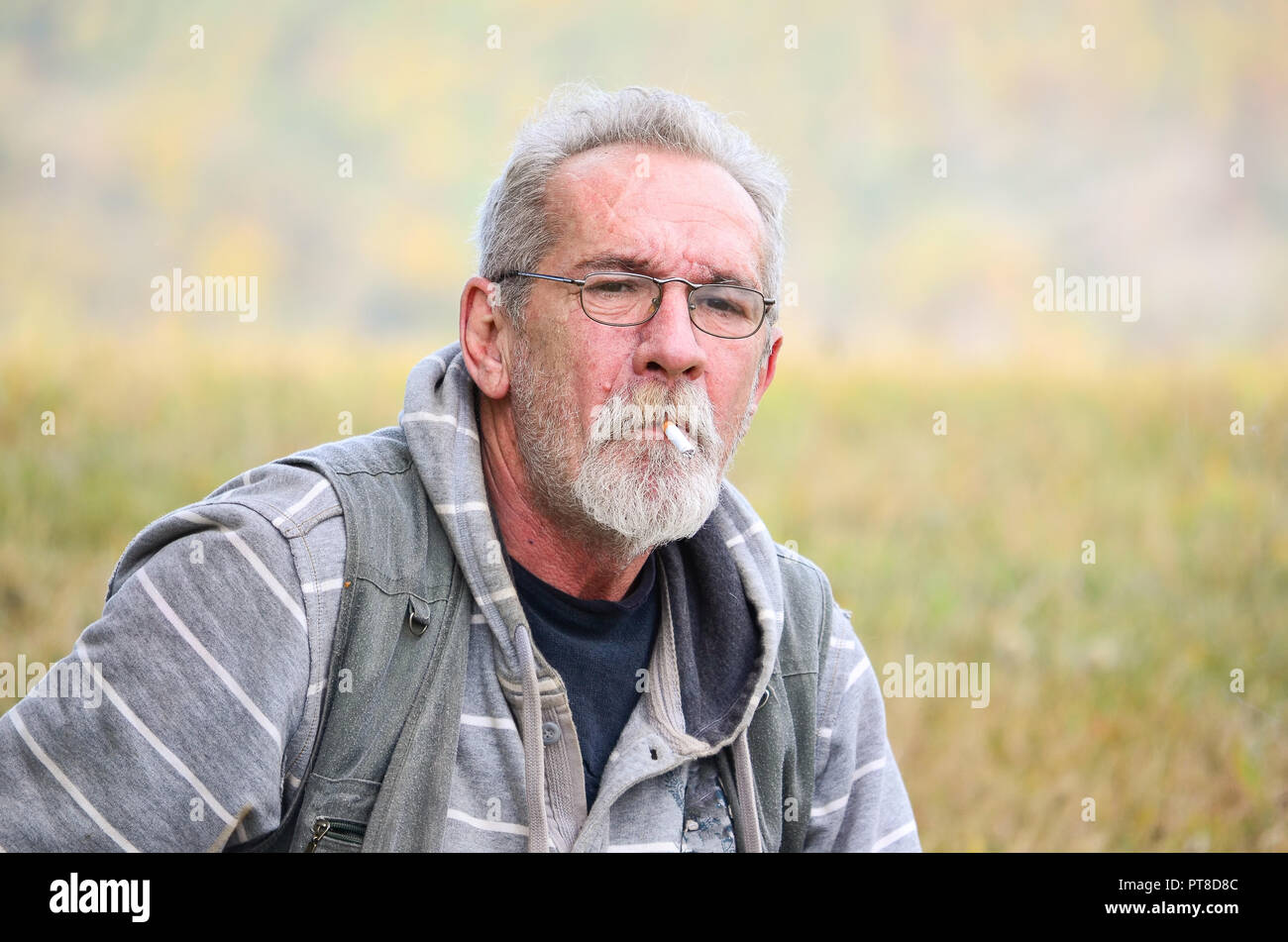 Ritratto di un uomo anziano con una barba grigia e bicchieri seduto su erba e Sigaretta fumare Foto Stock