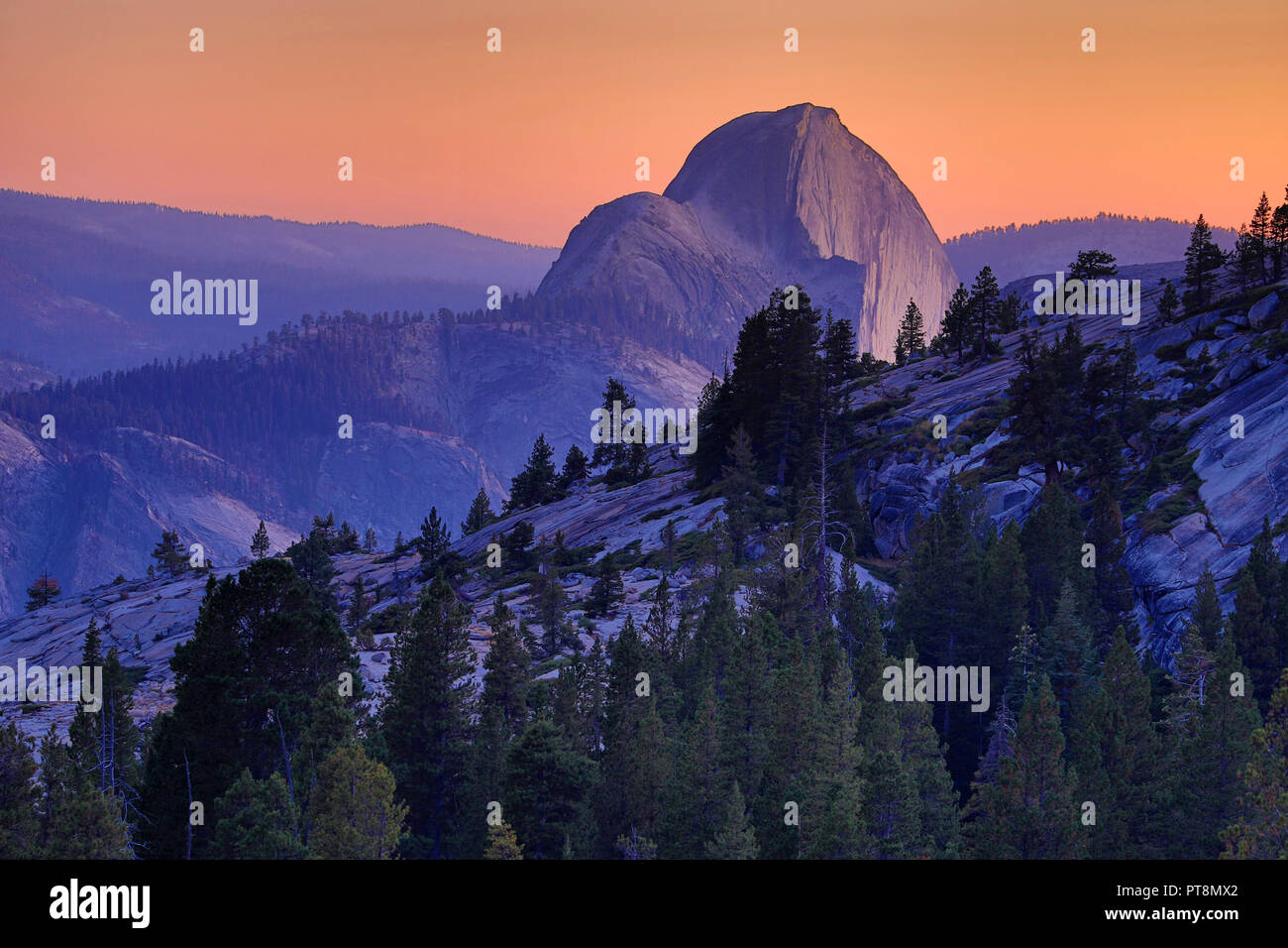 Half Dome mountain al tramonto nella valle di Yosemite, Yosemite National Park, California, Stati Uniti d'America Foto Stock