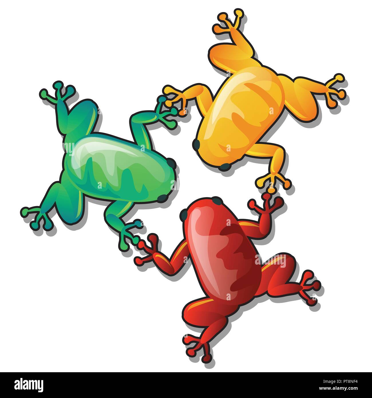 Tre simpatiche rane colorate o rospi tenere ogni altri zampe isolati su sfondo bianco. Vector cartoon close-up illustrazione. Illustrazione Vettoriale